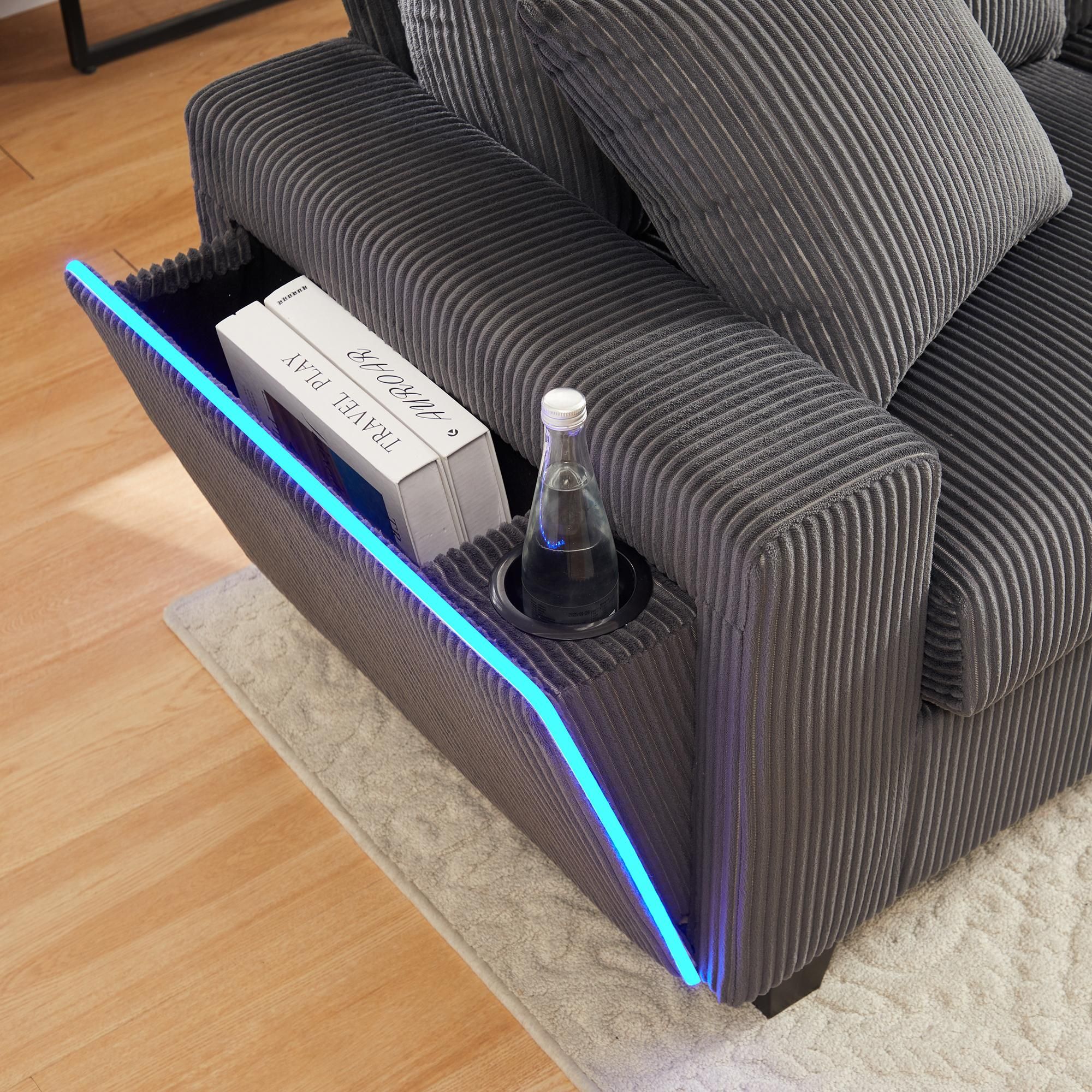 Merax 4-Sitzer Ecksofa U-förmiges, Cord-Sofa mit 2 Hockern, Leselampe, Klappablage, Getränkehalter & USB/Type-C, LED-Beleuchtung, Soffa, Grau