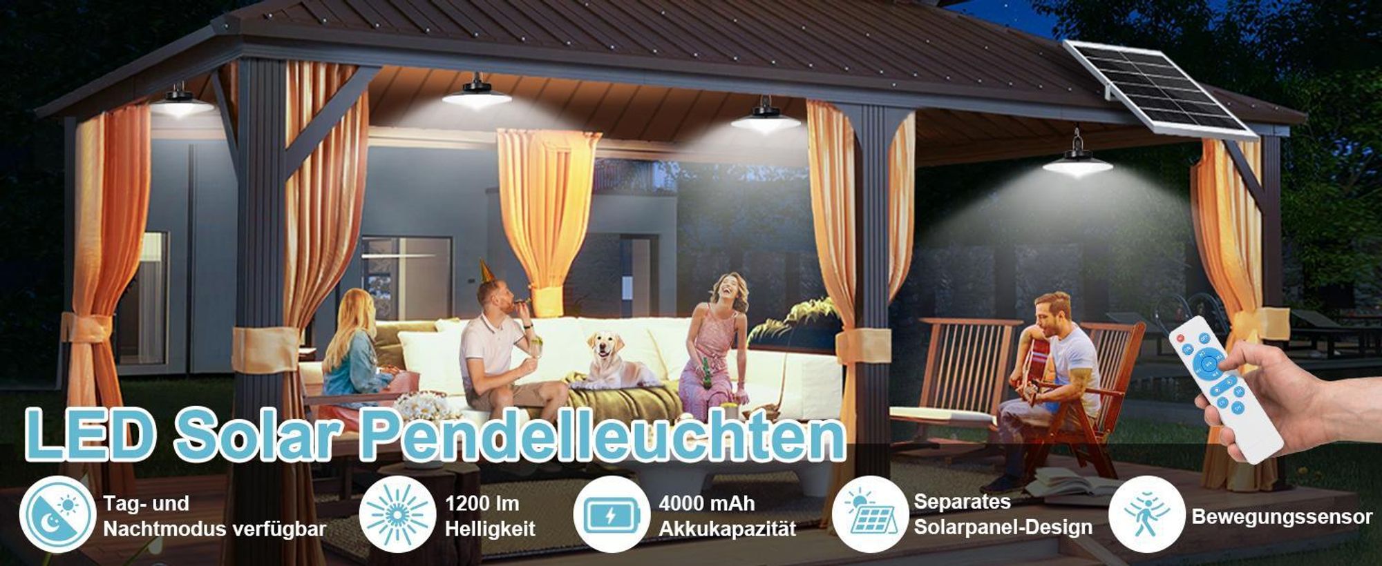 Außen Solarlampe 5 Beleuchtungsmodi mit Bewegungssensor und Fernbedienung Wasserdicht Solar Pendelleuchte Solarleuchte, Weiß, 3 Lampe