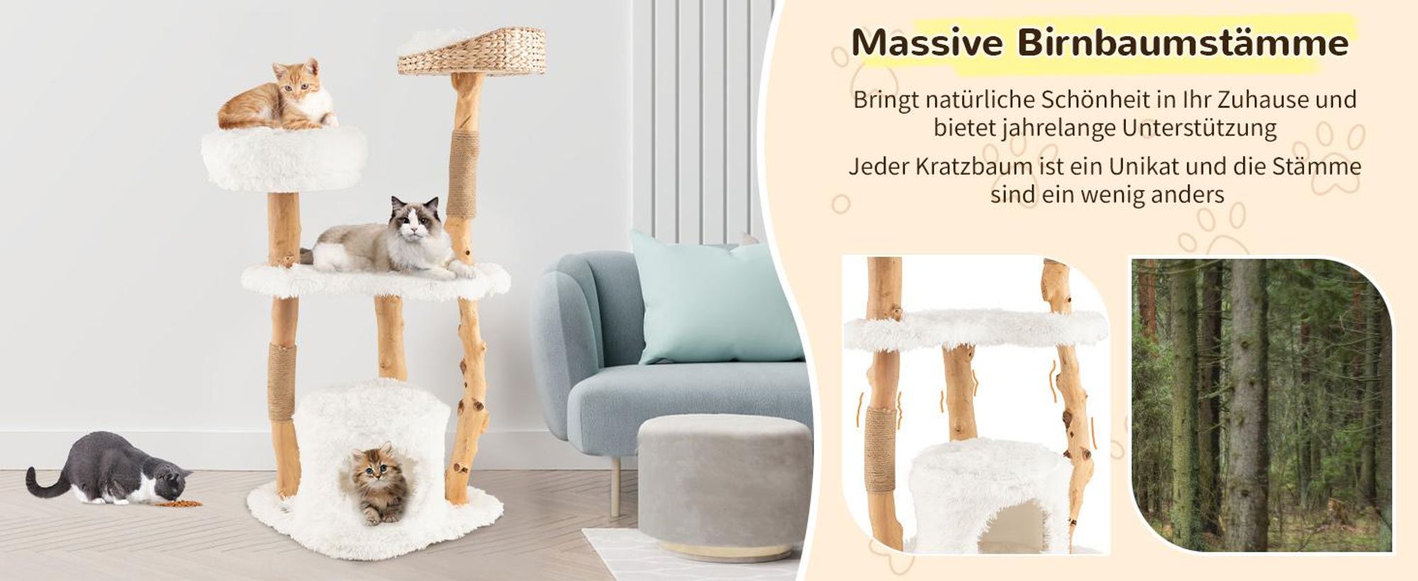 COSTWAY 124cm Kratzbaum Holz, Katzenmöbel Massivholz mit Katzenhöhle, Plüschsitzfläche, Sitzplattform & Kratzpfosten, Katzenkratzbaum Katzenbaum Weiß