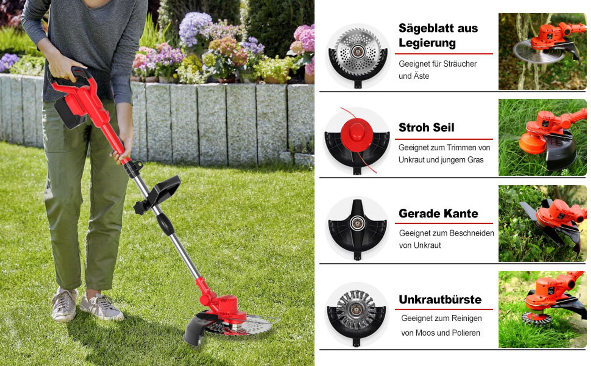 Akku Rasentrimmer mit 2× 4000mAh Akku 21V, 750W Bürstenloser Motor Rasentrimmer mit Unkrautbürste, Freischneider Akku & Ladegerät | Rot