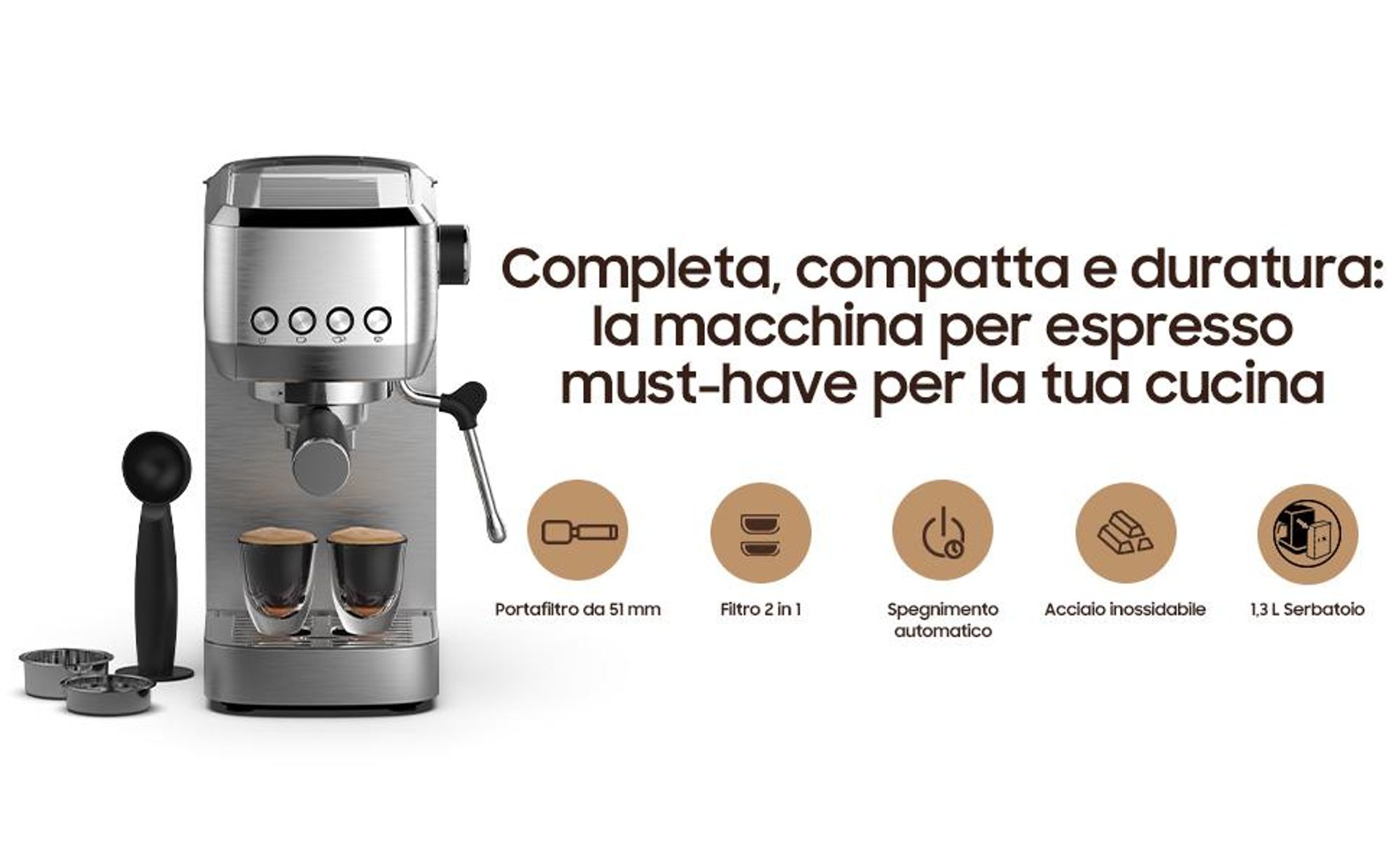 Macchina per caffè espresso a 20 bar – macchina da caffè in acciaio inox con montalatte, 1350 W, serbatoio da 1,3 L, per espresso, cappuccino e latte