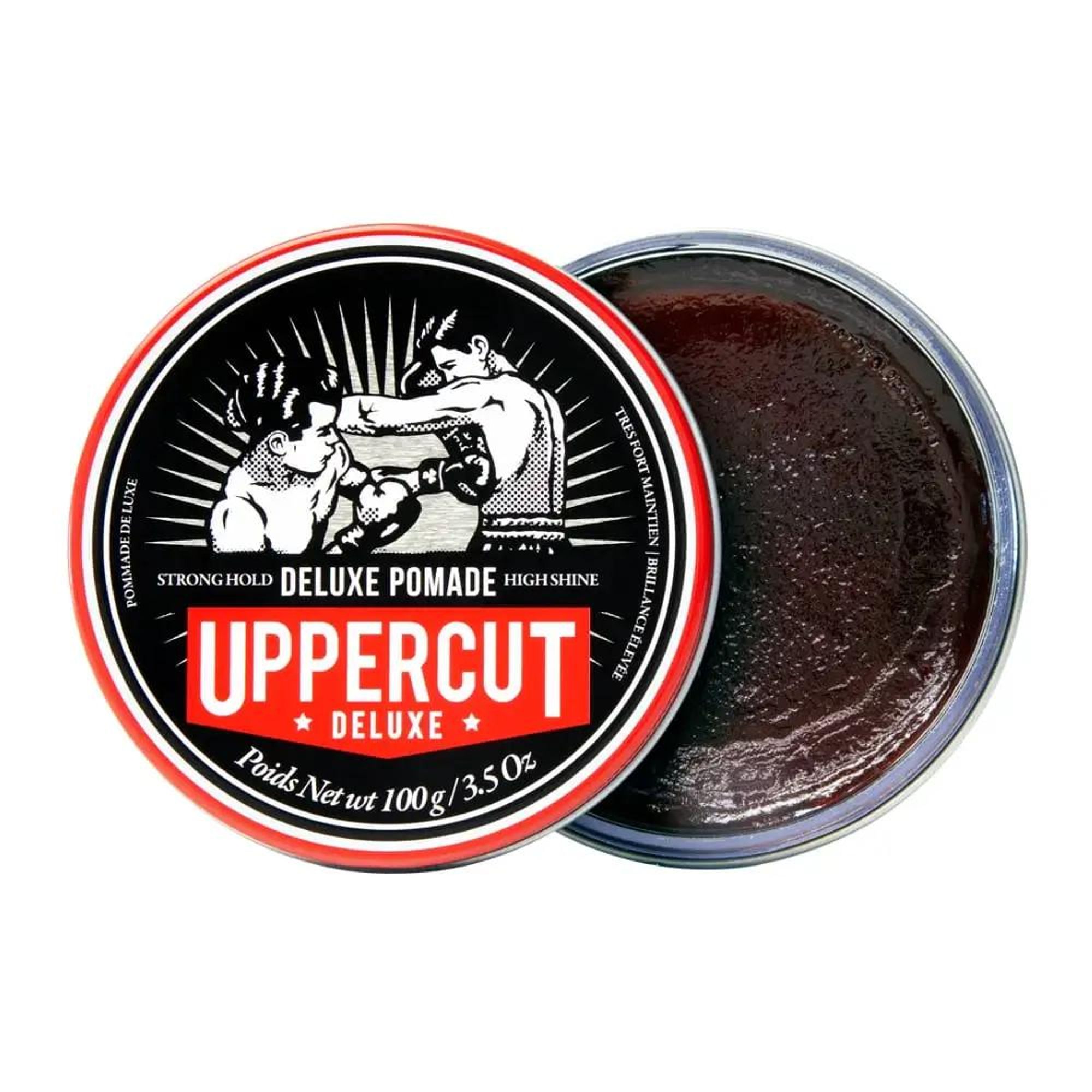 Otwarte opakowanie Uppercut Deluxe Pomade z widoczną zawartością