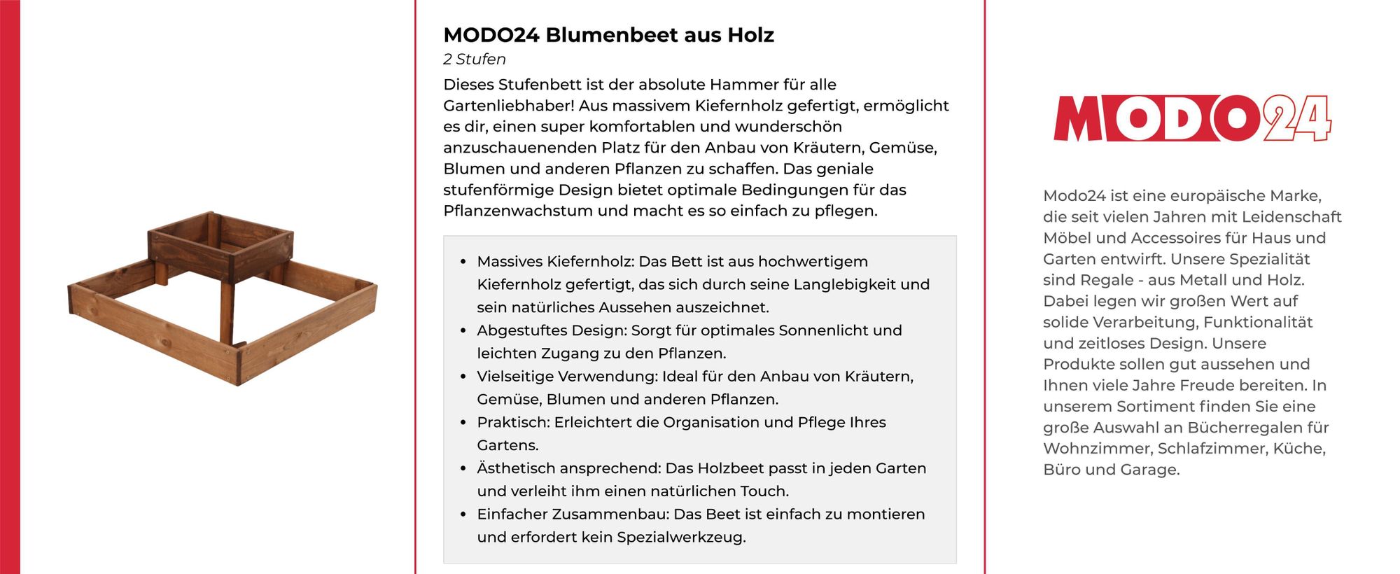 MODO24 Hochbeet Holz, Pflanzkasten, Massivholz, Kiefer, Kräuterbeet, Blumenkasten, Garten, Terrasse, 54x119x119 cm, Grau, ZP08