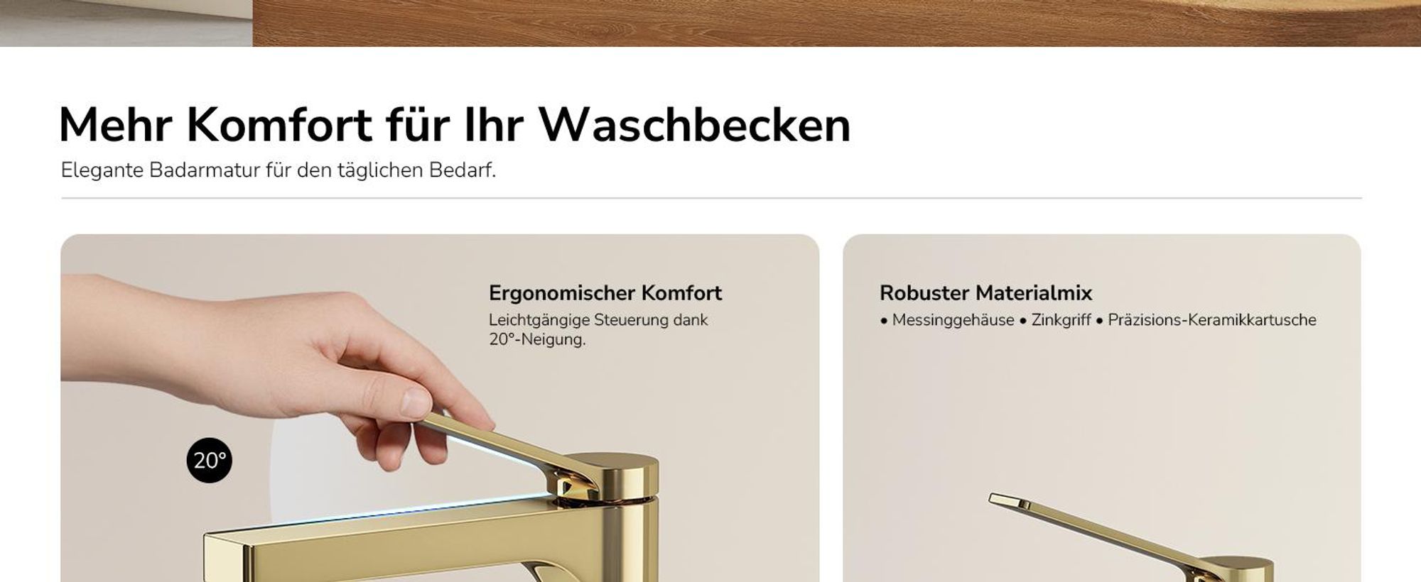 EMKE Wasserhahn Bad Champagner-Gold 195x173x46mm, Messing, Keramikkartusche, Badarmatur, Mischbatterie Waschbecken-Armatur, Waschtischarmatur