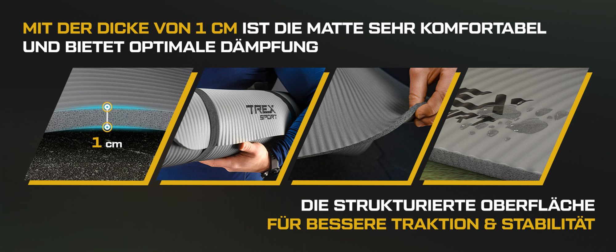 TREX SPORT Gymnastikmatte Fitnessmatte TX-018NGM | Yogamatte Pilates 180×60×1cm | Trainingsmatte rutschfest, wasserdicht, Tragegurt | Sportmatte grau
