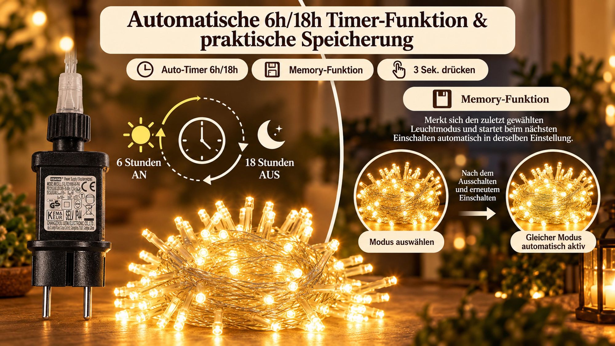 100M 800LEDs 8 Modi Lichterkette Strom, Timer, Merkfunktion, LED Weihnachten Lichterkette Party Deko Licht Weihnachtsbaum Garten Beleuchtung, Warmweiß