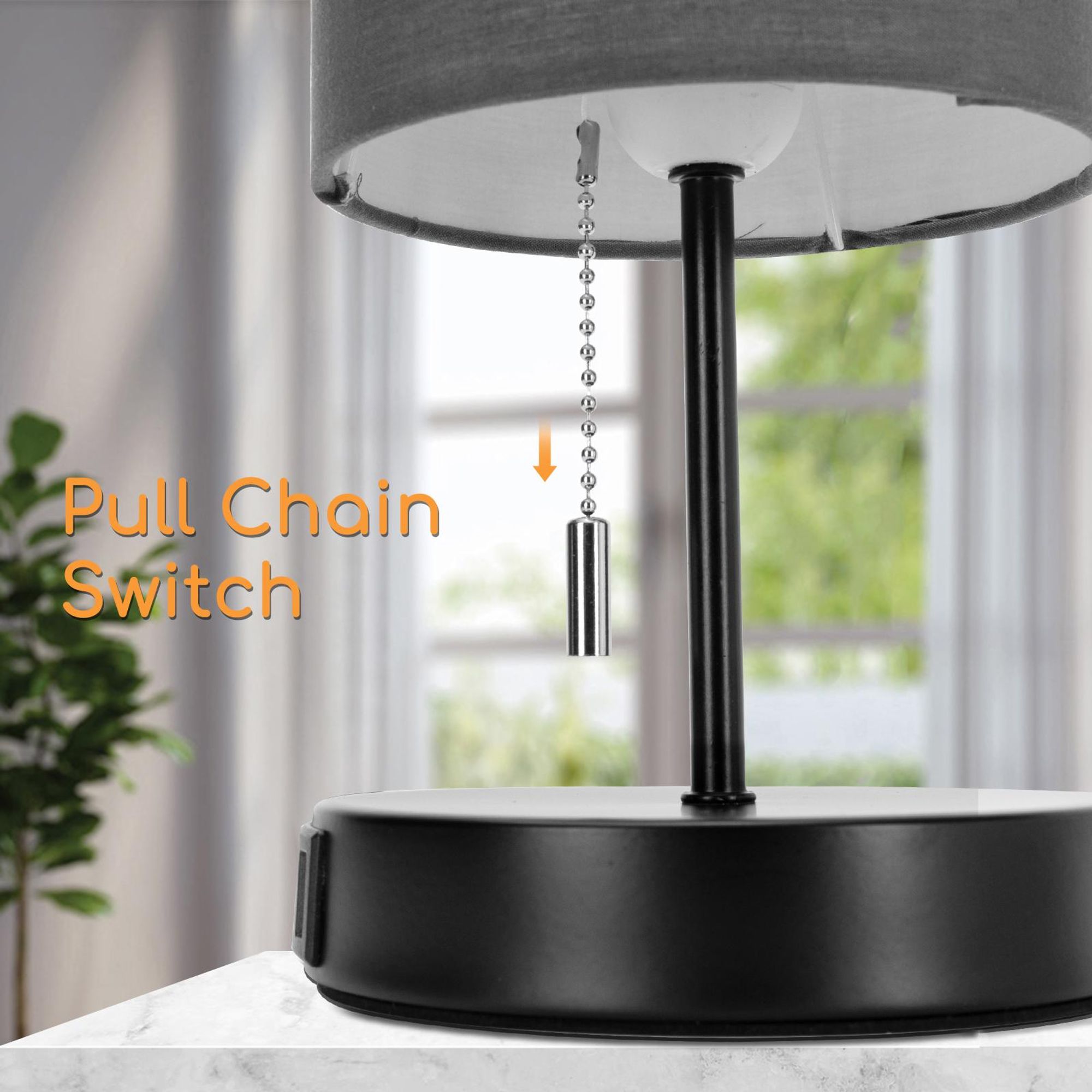 Aigostar Nachttischlampe mit 2 USB-Ladeanschlüssen, E27 Tischlampe mit Zugschalter, Metall Basis, Modern Tischleuchte, Grau