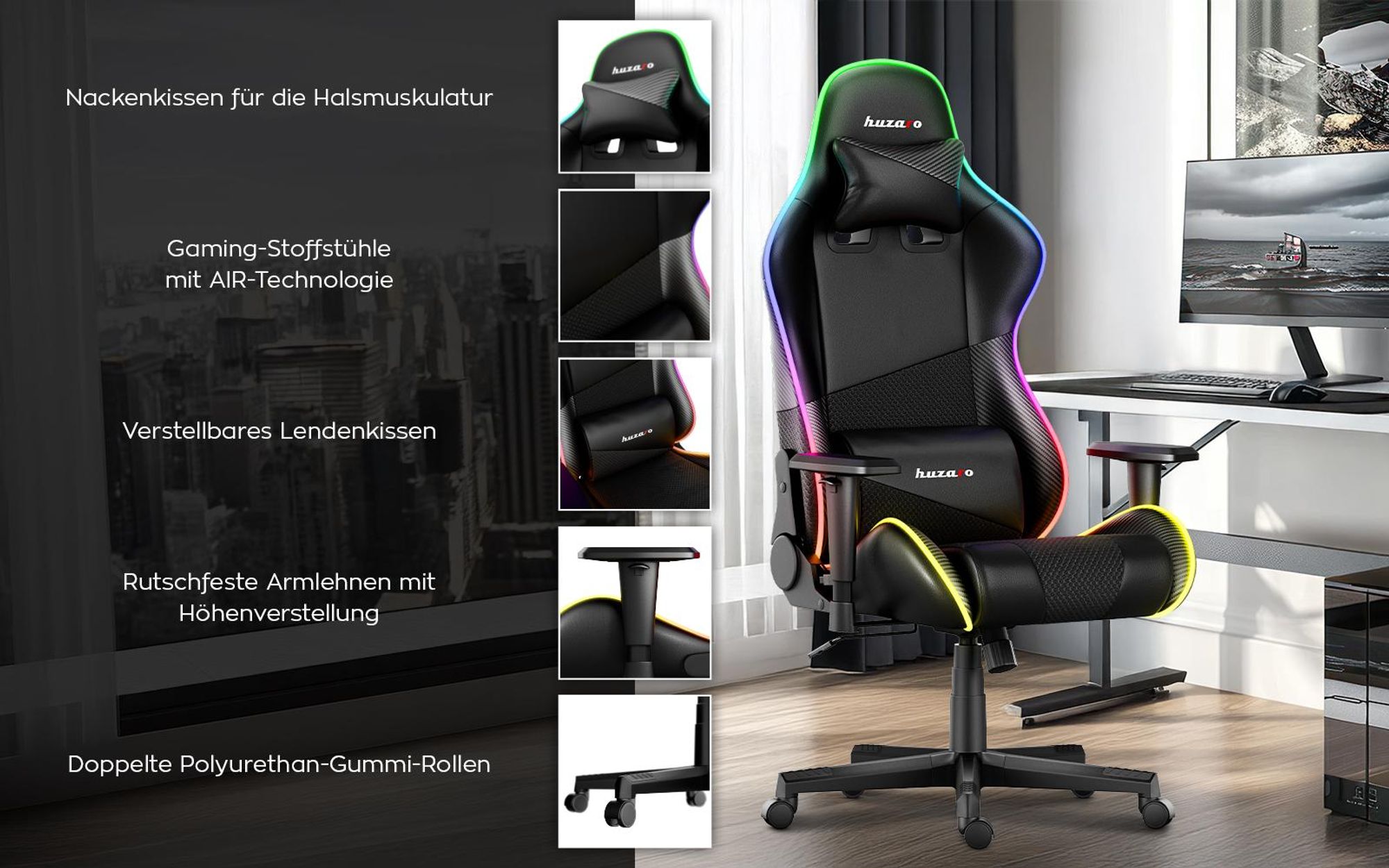 Huzaro Force 6.2 | RGB LED Beleuchtung Gaming Stuhl Gamer Bürostuhl Schreibtischstuhl Gamer Kopfstütze Lendenstütze | bis 130 kg belastbar | Schwarz