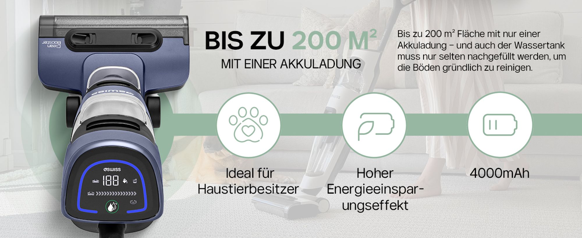 4SWISS Clean Booster Smart Staubsauger, Akku-Staubsauger mit Mop Funktion, Nass & Trockensauger mit Dual-Tank, Selbstreinigungsfunktion, LED Anzeige