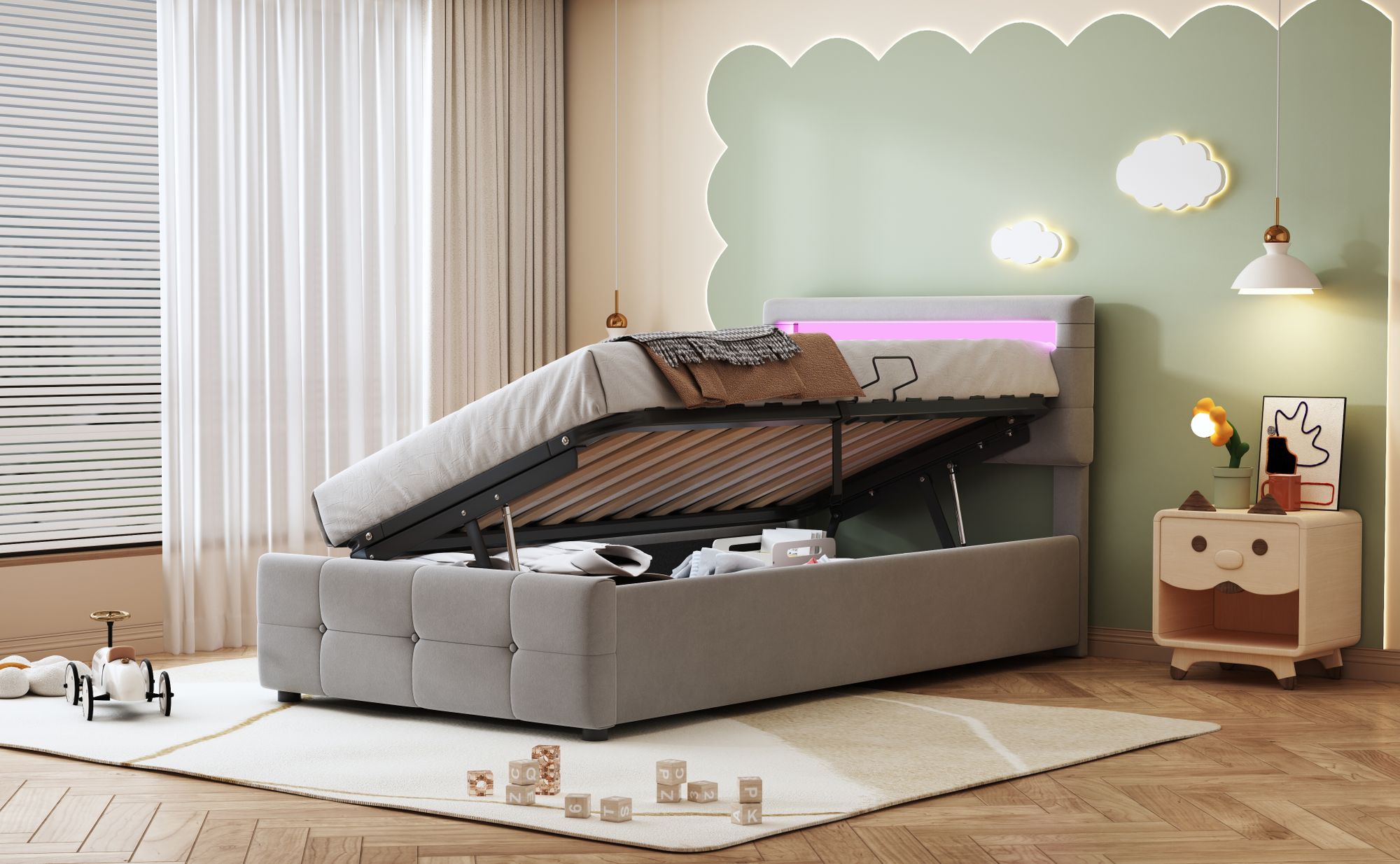 Merax Polsterbett 90x200cm mit LED und Lattenrost, Hydraulisches Stauraumbett mit höhenverstellbarem Kopfteil, Samt Einzelbett Kinderbett Hochboxbett
