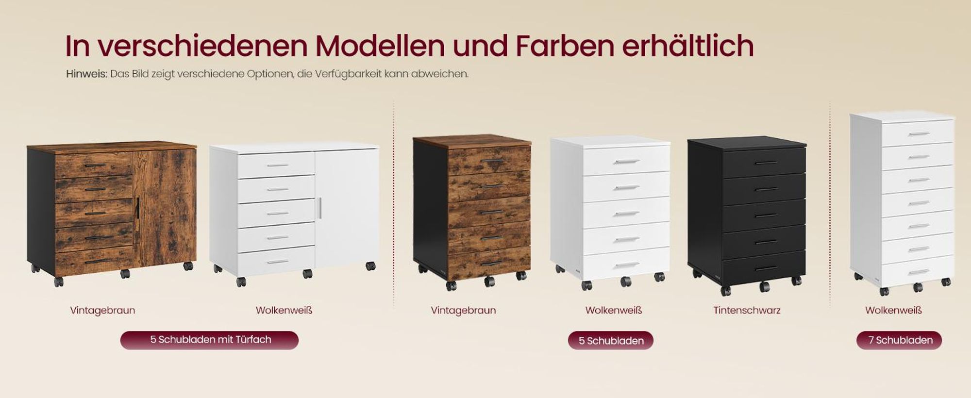 VASAGLE Rollcontainer, Aktenschrank, Schrank mit Tür, Druckerständer, 5 Schubladen, mit werkzeuglosen Gleitschienen, weiß