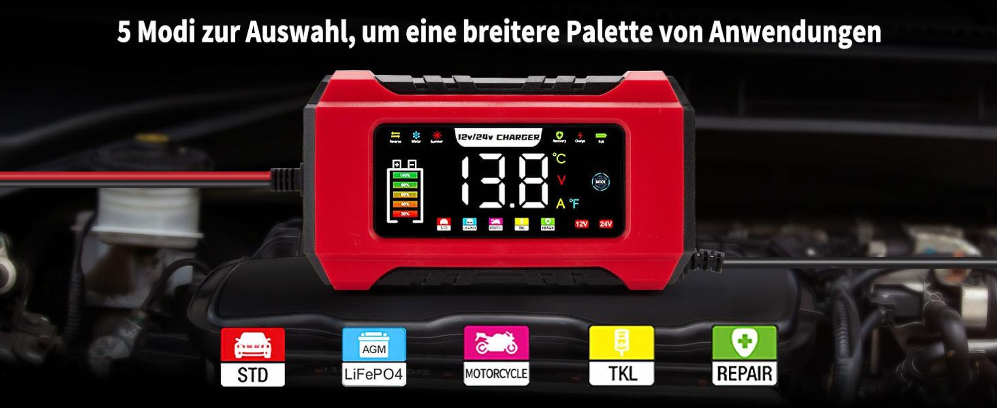 15A KFZ Batterieladegerät, Autobatterie ladegerät 12V/24V mit Reparaturmodus und Erhaltungsladung für Auto, LKW, Motorrad, Boot