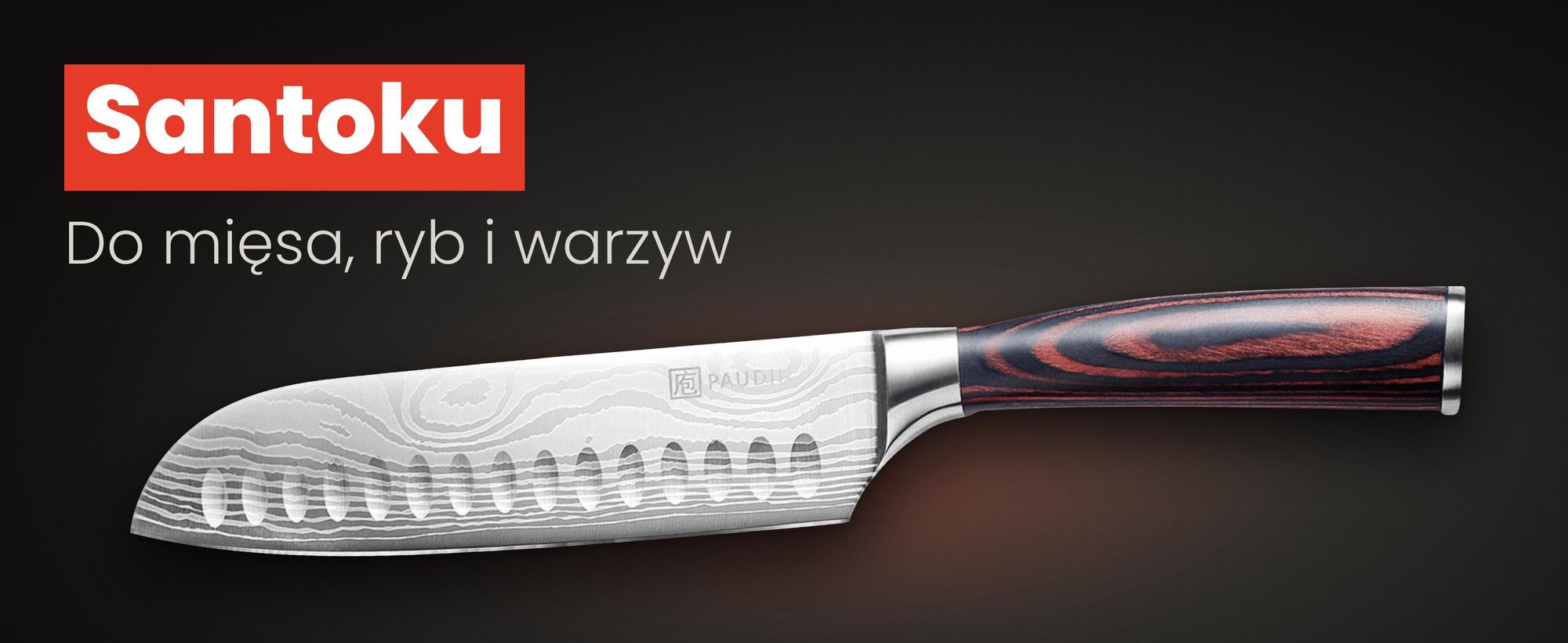 Nóż Santoku PAUDIN N5 z wgłębieniami na ostrzu i rękojeścią z drewna pakka