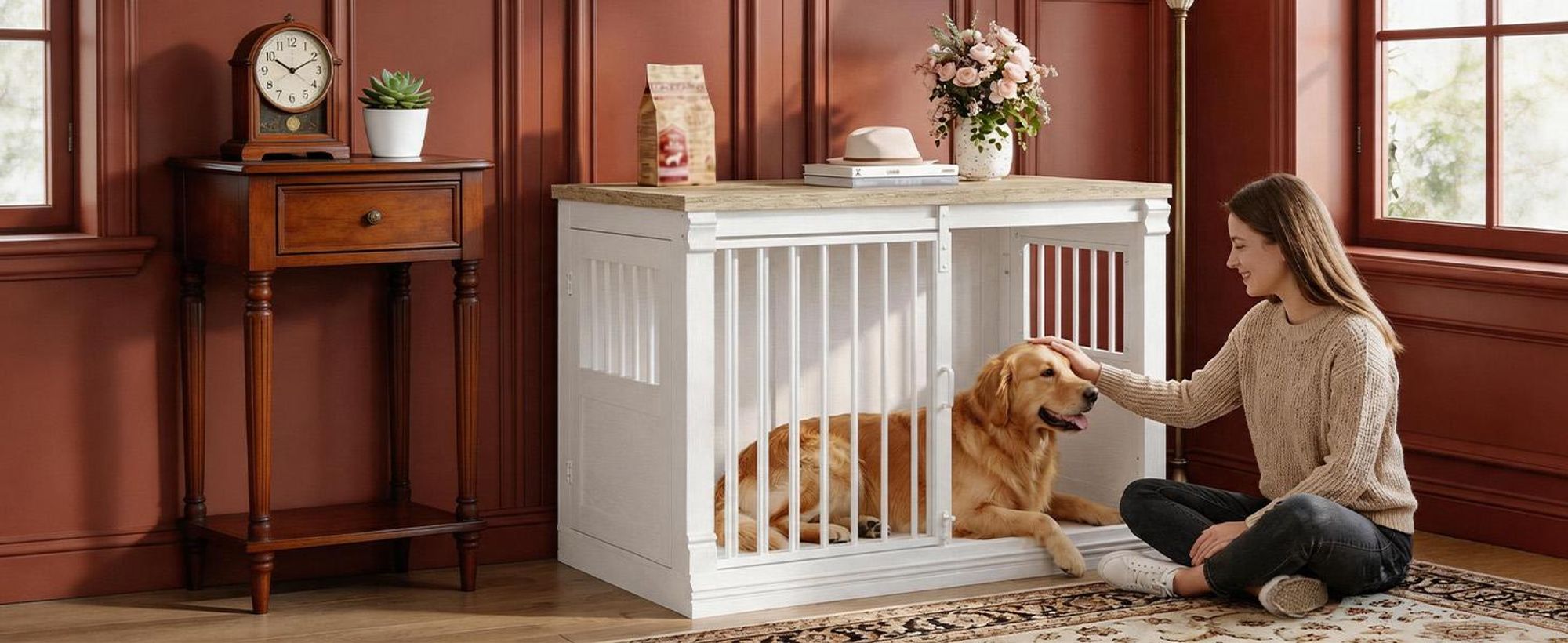 101cm Hundekäfig-Möbel, Hundebox für Zuhause mit 3 Türen | Hundebox Holz, Schiebetüren, für Kleine, Mittlere, Große Hunde, Robuster, Beistelltisch