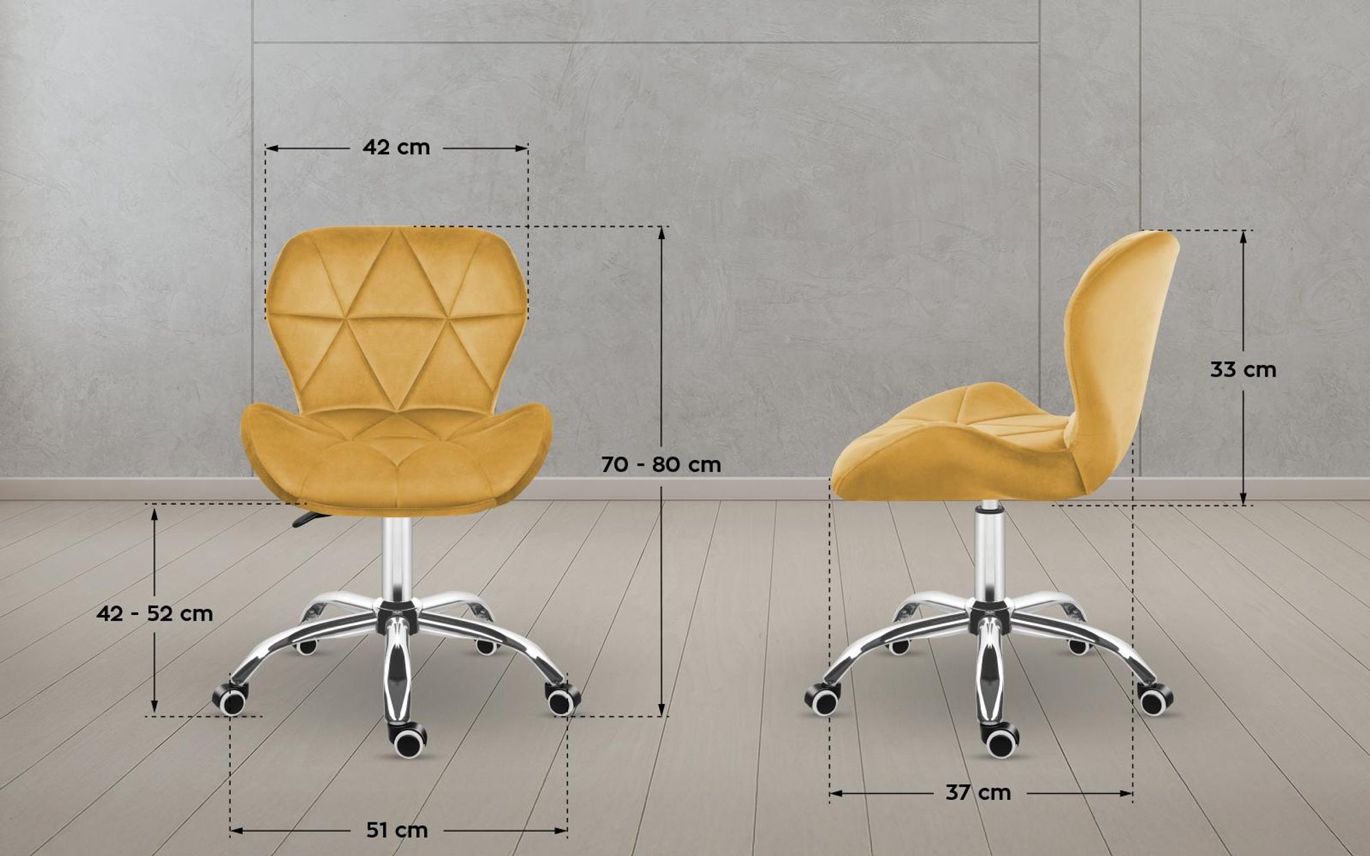 MARK ADLER Future 3.0 | Drehstuhl Bürostuhl Polsterstuhl | Höhenverstellbar bis 130 kg belastbar Samt Velours | Homeoffice Schminktisch | Senfgelb