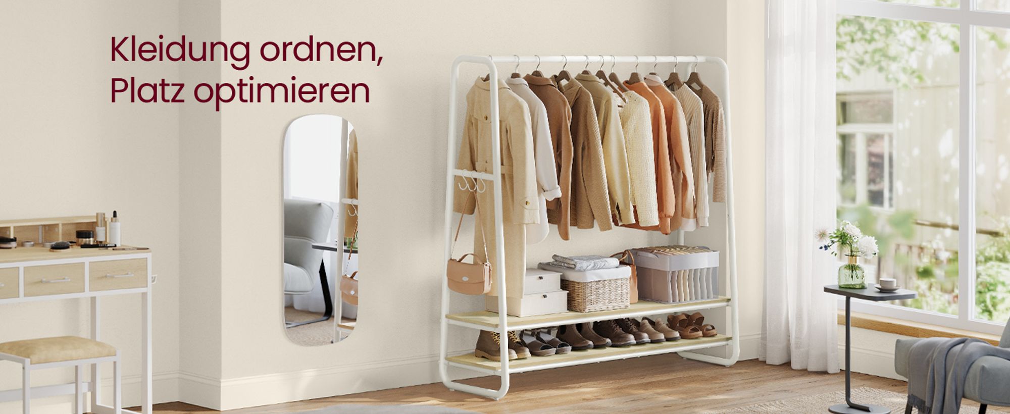 Kleiderständer, Garderobenständer, Garderobe, 2 Ablagen, 6 Haken in S-Form, Stahlgestell, naturbeige-mattweiß