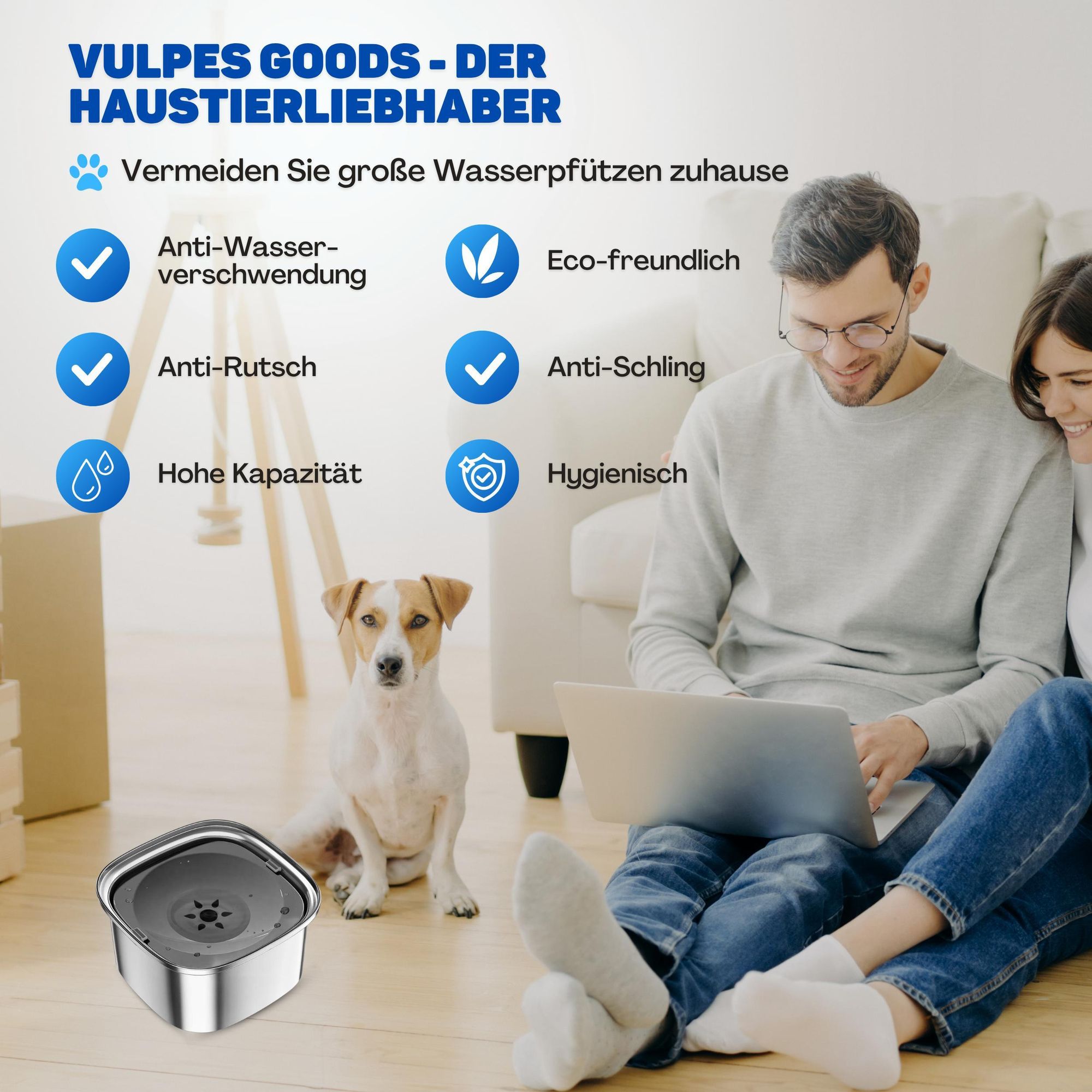 Vulpes Goods Wassernapf für Hunde, 3L Auslaufsicher Trinknapf Reisenapf, Rostfreier Stahl, rutschfest Katzen Hund Haustiere Hundenapf Anti-Schwapp Wasserspender für Haustier