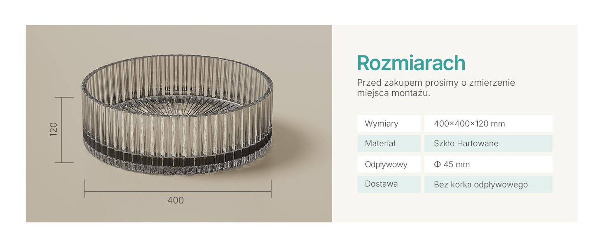 EMKE umywalka nablatowa okrągła 400x400x120mm z hartowanego szkła kryształowego przezroczysta szara galwanizowana, bez otworu na baterię i przelewu, nowoczesny design