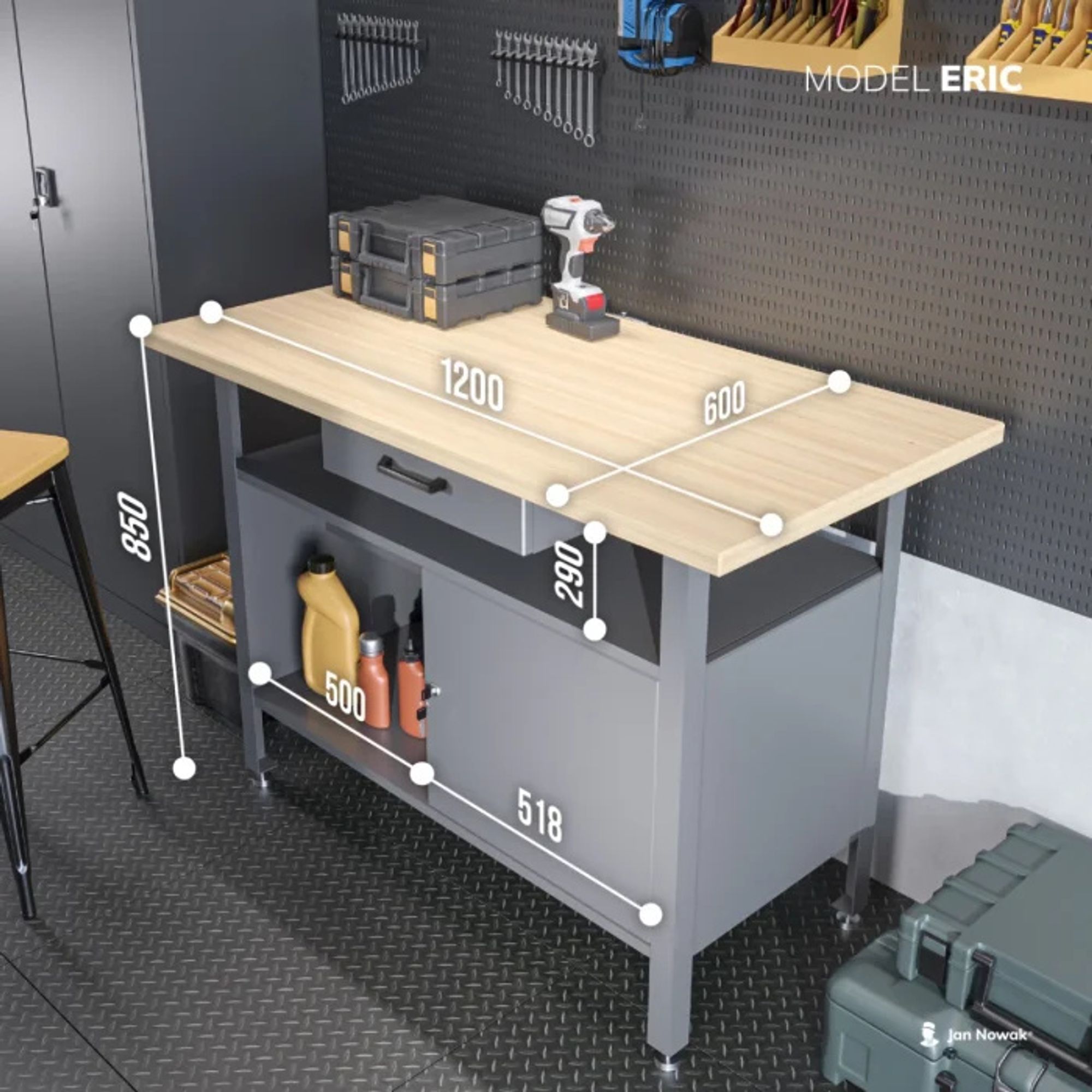 Werkbank mit Arbeitsplatte Werktisch mit Schublade Abschließbares Fach Verstellbare Füße Belastbar bis 400 kg Metall 120 cm x 60 cm x 85 cm Farbe: Anthrazit-Rot