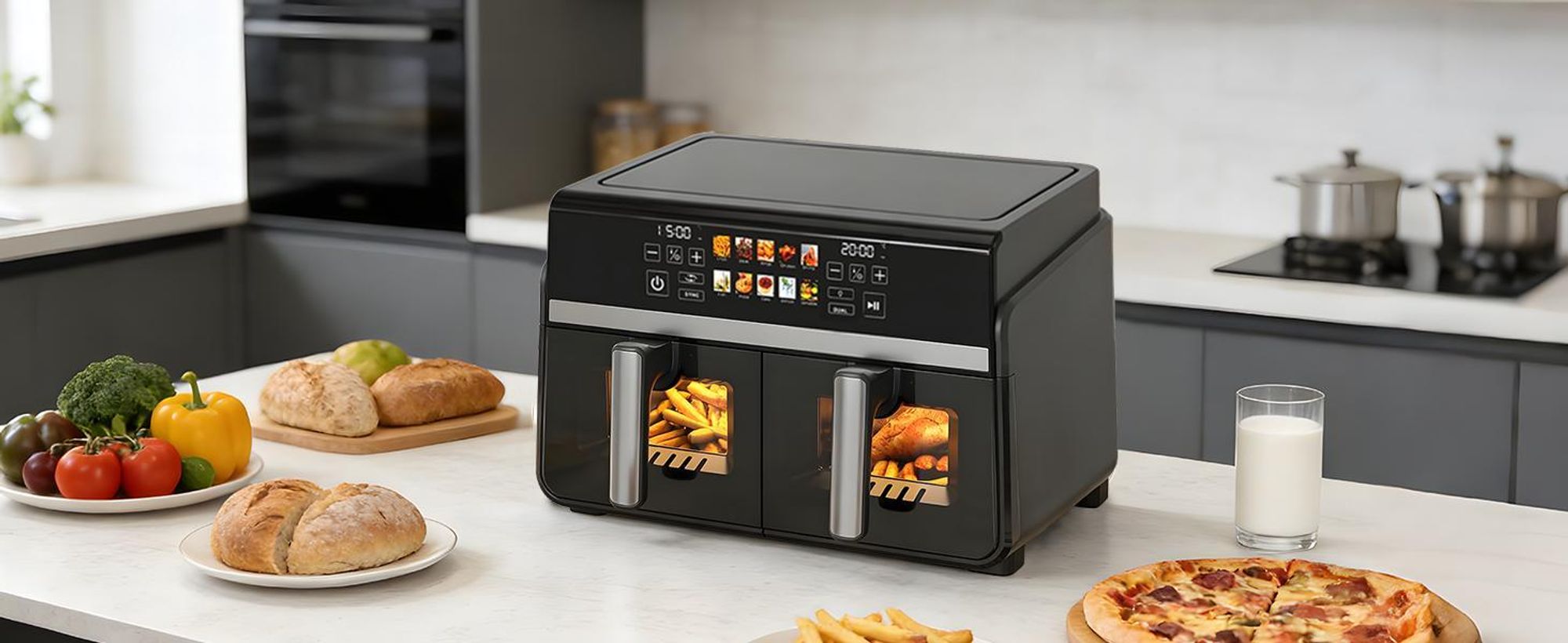ZMH Heißluftfritteuse 2 Kammern 10L XXL  Air fryer doppelkammer Sichtfenster Dual ZoneSYNC DUAL 2200W Touchscreen Timer bis 24h 10 Programmen