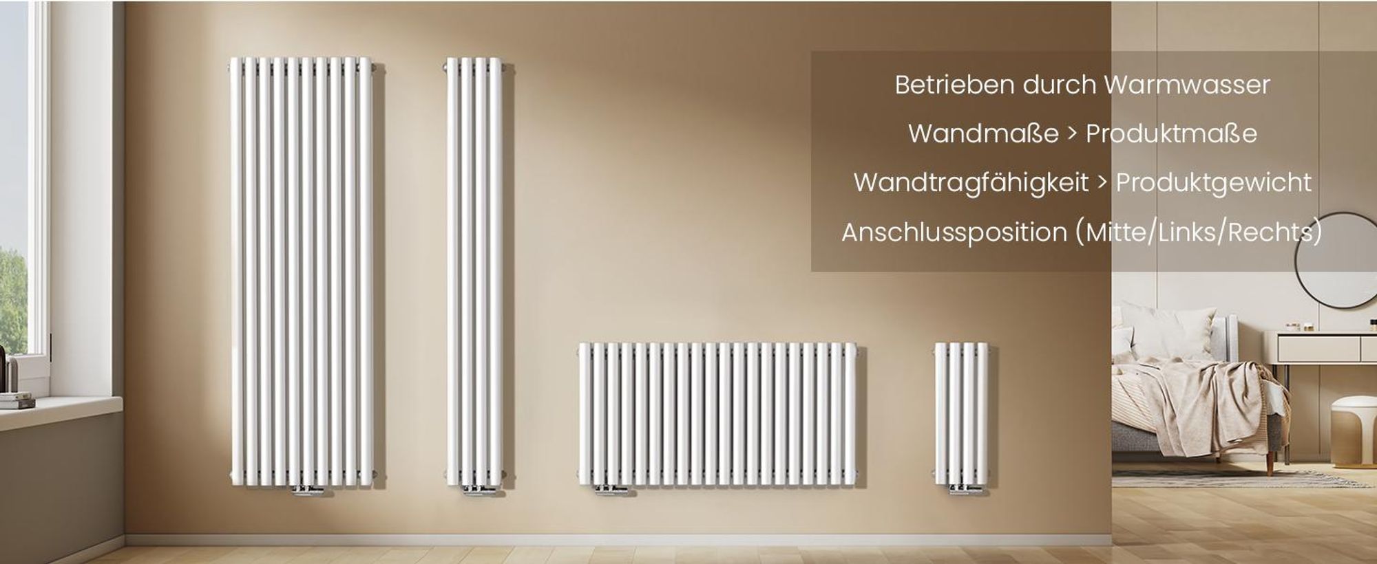 EMKE Design-Röhrenheizkörper für Warmwasserbetrieb Mittelanschluss Vertikal Oval Doppellagig 623 Watt 24cm x 160cm Weiß ohne Heizstab