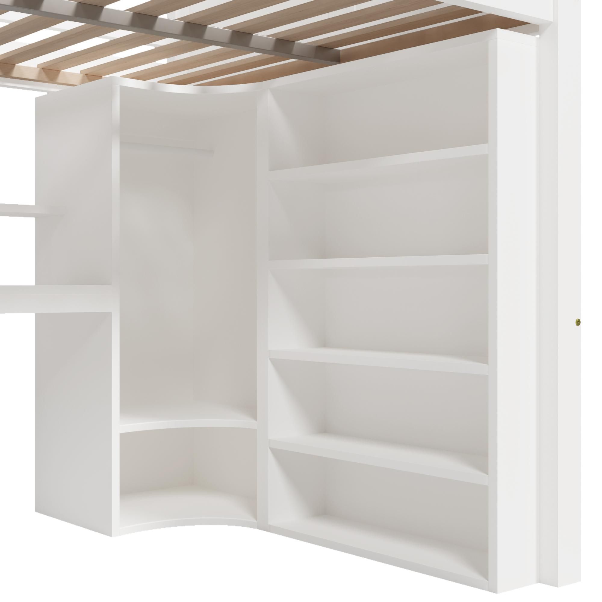 Merax Etagenbett Hochbett 140×200 cm, LED-Beleuchtung, Kleiderschrank, Schreibtisch, Schubladen, Staufächer, Kinderbett, Stockbett, Jugendbett, Weiß