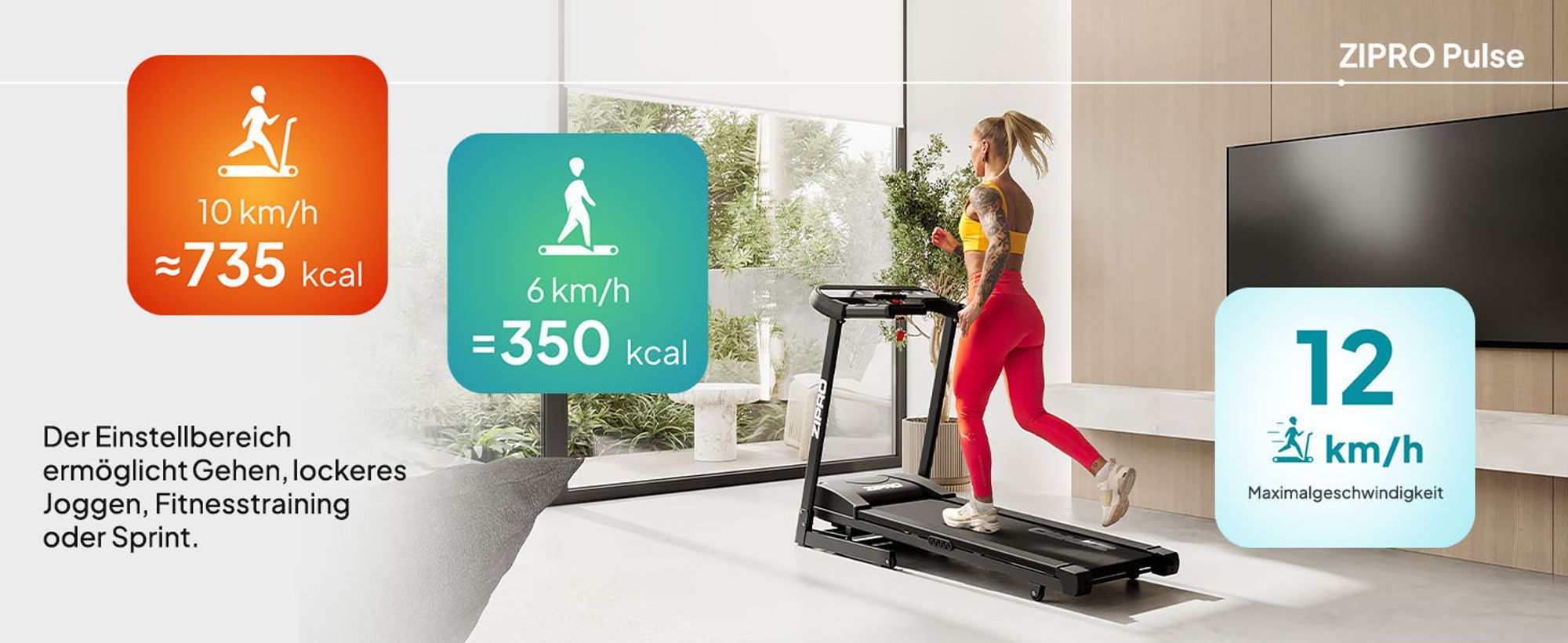 Zipro Laufband Elektrisch Pulse – Mit Automatischer Steigung Belastbar Klappbarer Heimtrainer mit 8-fach Dämpfung Pulsmessung & LED Display Bis 130kg