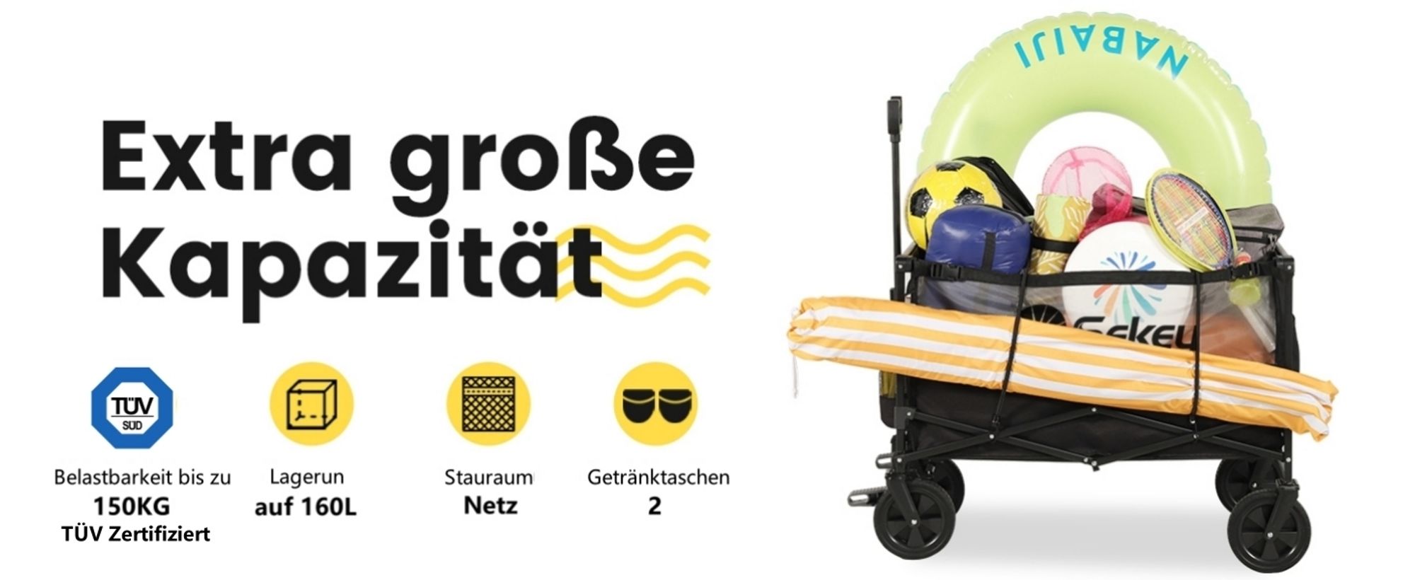Sekey Bollerwagen Faltbar Offroad, 160L Handwagen belastbar bis 150 kg, Schwarz und Grau