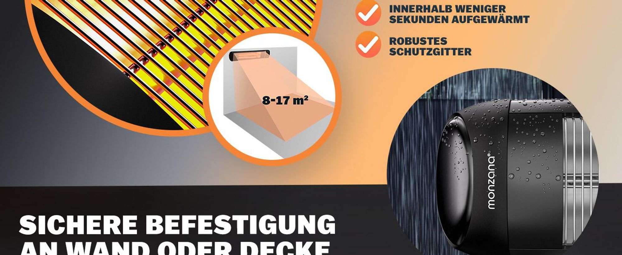 MONZANA® Infrarot Heizstrahler 2500W für Terrasse & Outdoor Silber