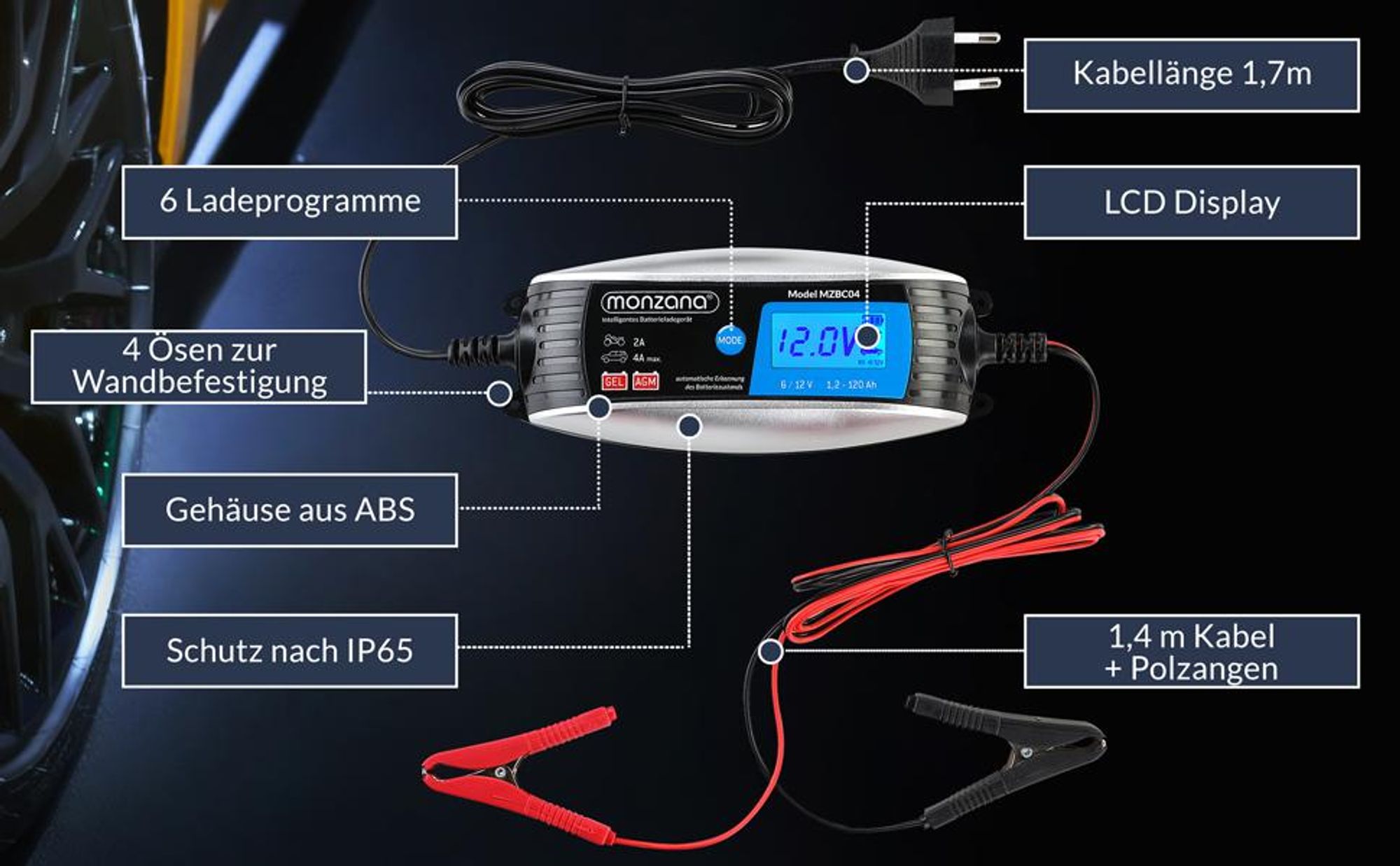 MONZANA® KFZ Batterieladegerät vollautomatisch 6V 12V LCD-Bildschirm Temperaturkompensation Erhaltungsladung intelligentes Ladegerät für Auto Motorrad