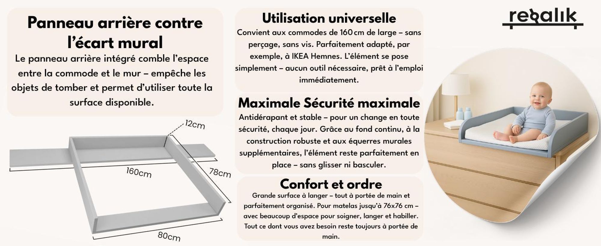 regalik Plan à Langer avec Plateau pour Hemnes d'IKEA, Table à langer pour Commode 50x160 cm, Plan à Langer avec Façades arrondis, Oak