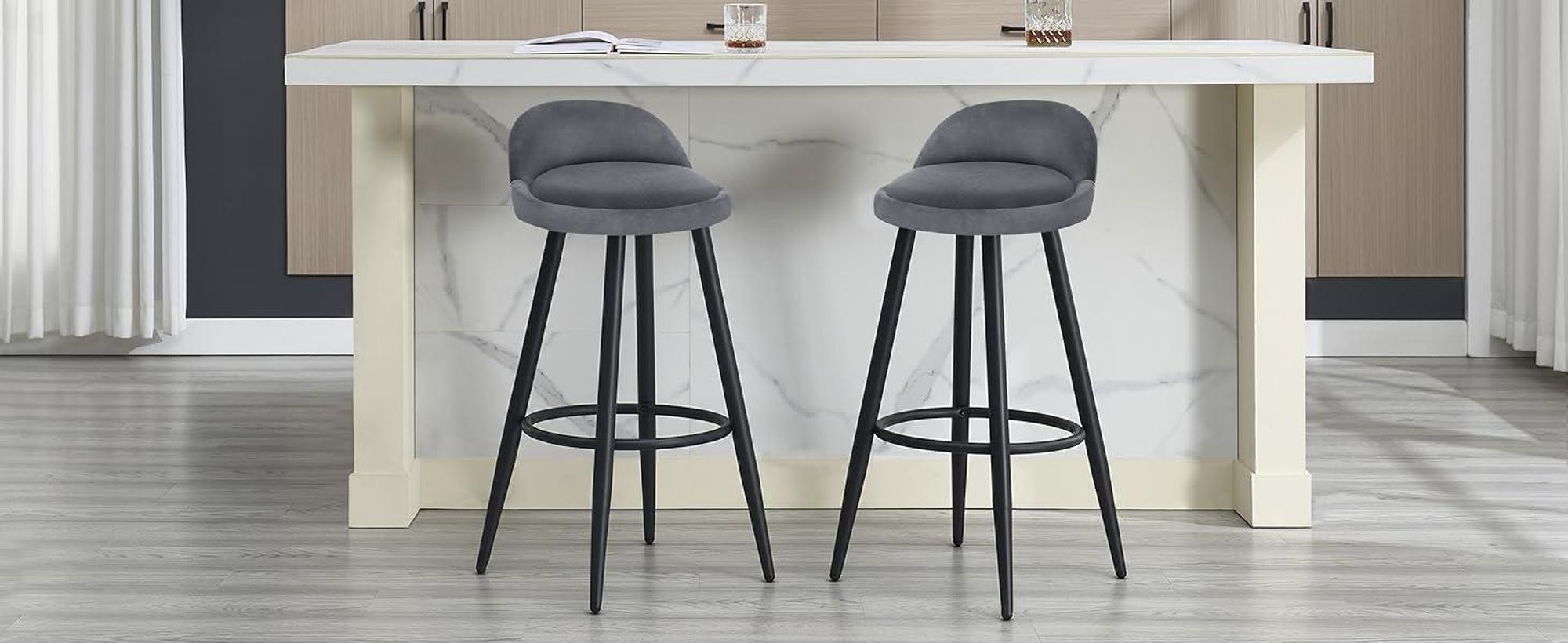 WOLTU Barhocker 2er Set Barstuhl Hocker Tresenhocker Bistrohocker Designer Hocker mit Lehne und Fußstütze aus Samt Metall, Dunkelgrau