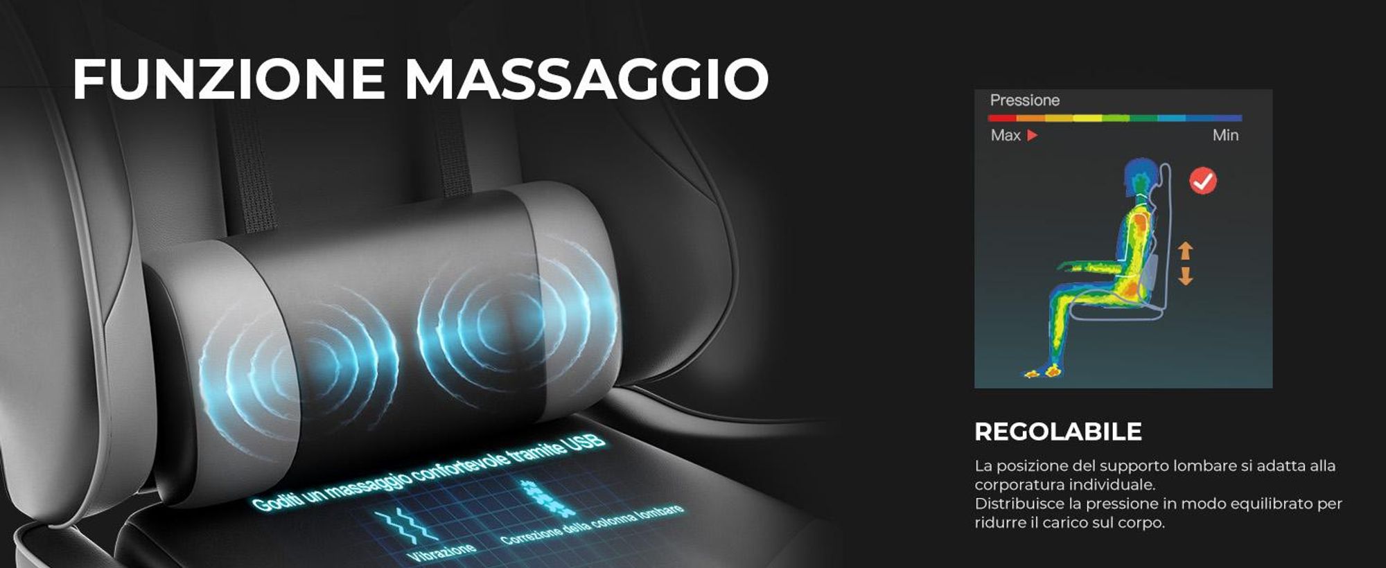 Sedia da gioco GTPLAYER, sedia da ufficio ergonomica con funzione massaggio e poggiapiedi, struttura con maniglie, base in acciaio, grigio