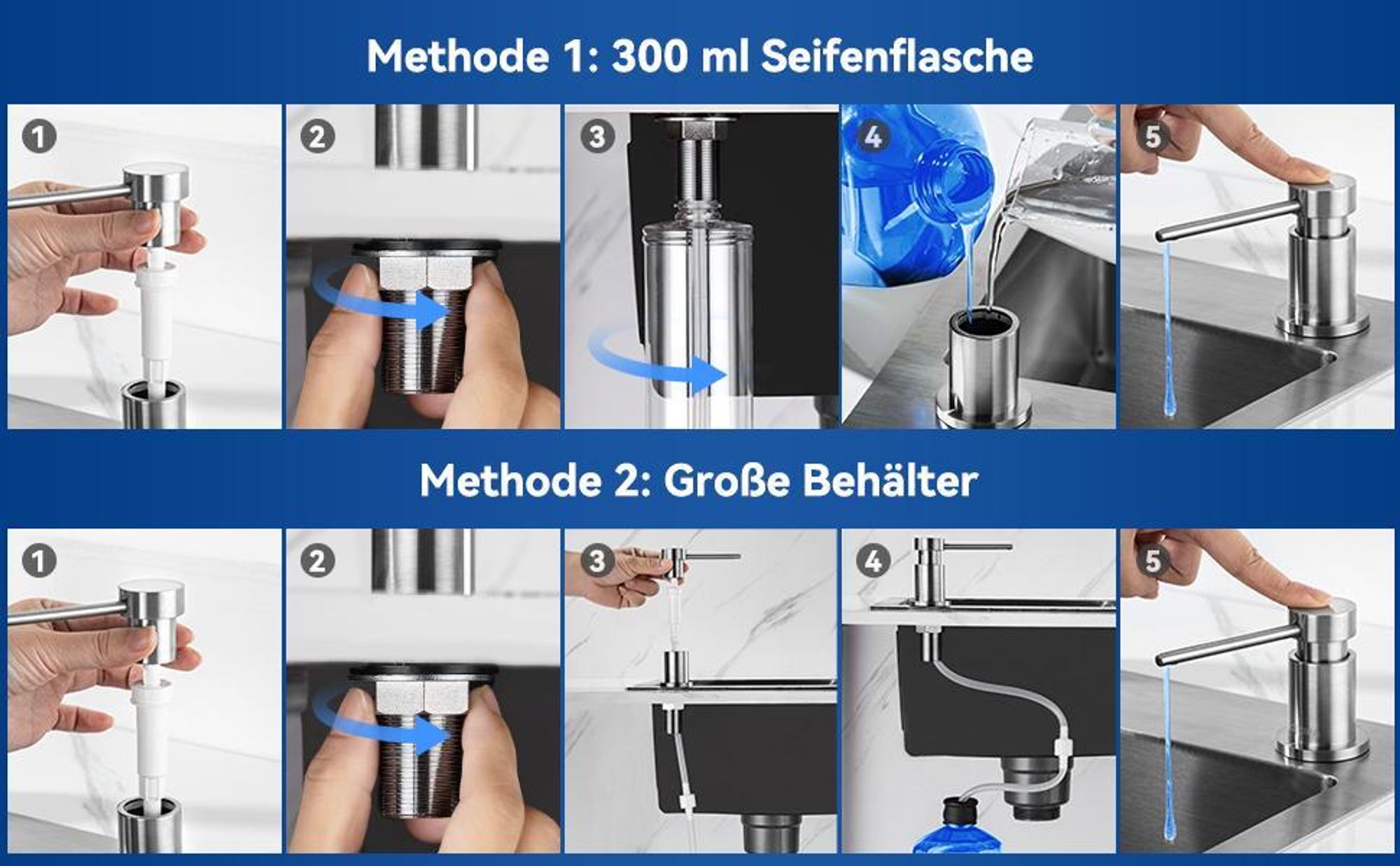 CECIPA Küchenseifenspender mit 300-ml-Behälter + 1,25 m Silikon-Verlängerungsschlauch – Seifenspender für die Küchenspüle – gebürstete Farbe