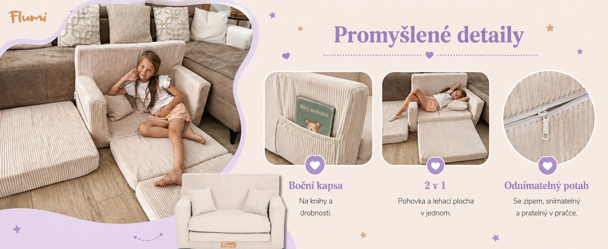 Flumi dětská rozkládací pěnová pohovka na spaní, pratelný potah