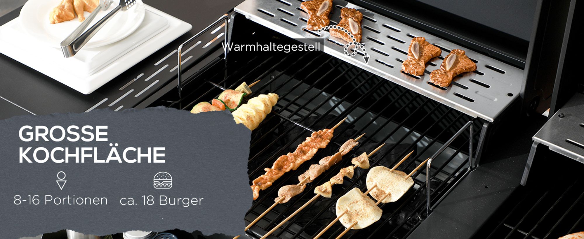 Outsunny Holzkohlgrill Gasgrill mit 2+1 Brenner, Thermometer, Haken, Schwarz