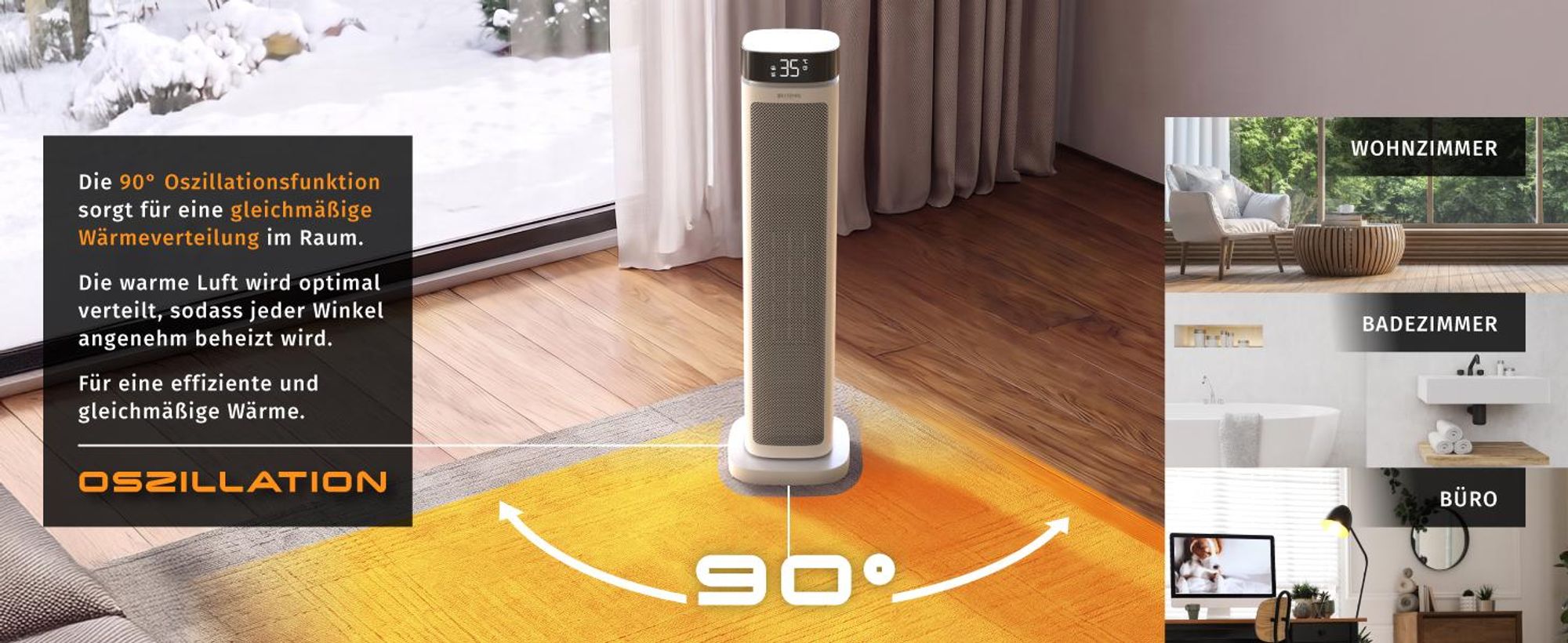 Brandson Keramik Heizlüfter 2000 W mit PTC-Technik, 90° Oszillation