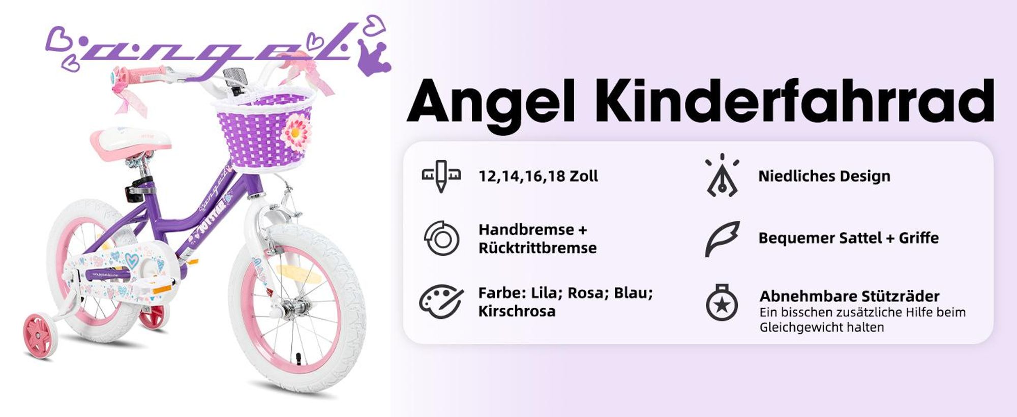 HILAND 14 Zoll Mädchen Kinderfahrrad mit Korb & Bändern, Vorderen Zangenbremse & Rückwärtige Pedalbremse, Stützräder, Hell-Pink