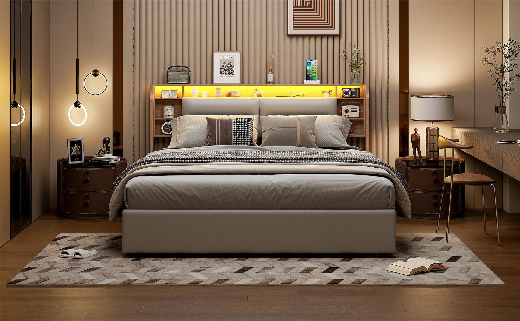 INONEFT Polsterbett 160 x 200 cm, Doppelbett mit LED-Leuchten , PolyurethanBetten mit Lattenrost, Hydraulisches Betten, Weiß