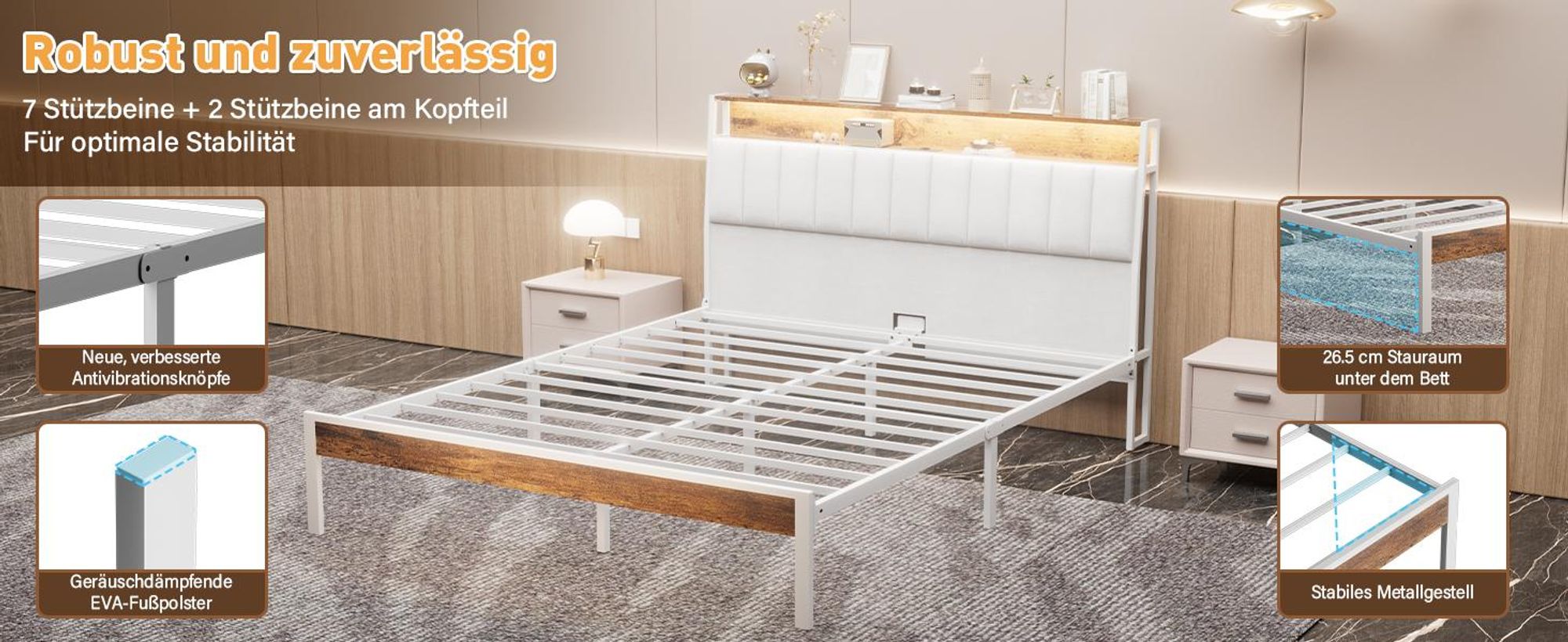 DEWINNER Bettrahmen, 140 x 200, mit Metallgestell, 2-Personen-Bett, mit LED-Beleuchtung und Mehrfachsteckdosen (1 Steckdose, 2 USB-Anschlüsse)
