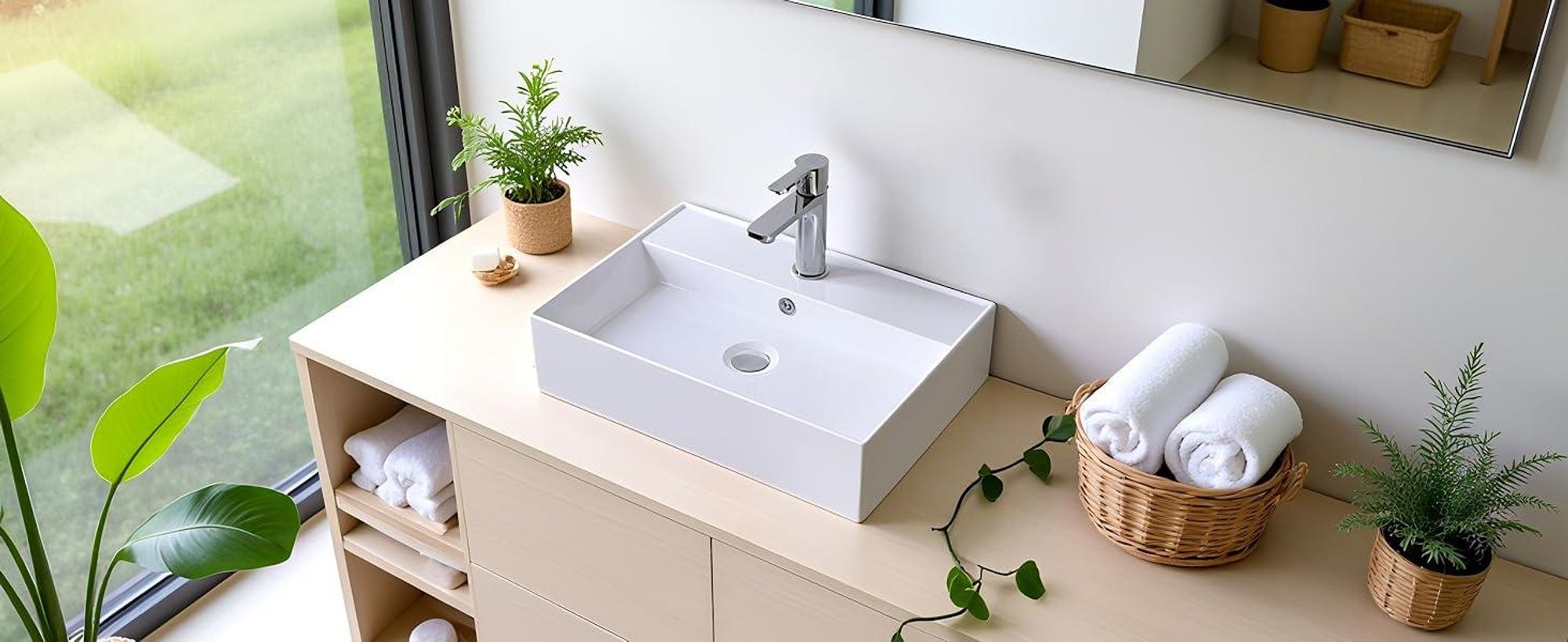 Keramik Waschbecken 50x35x12,5 cm, Weißes Hängewaschbecken für Badezimmer, Aufsatzwaschbecken mit Überlauf