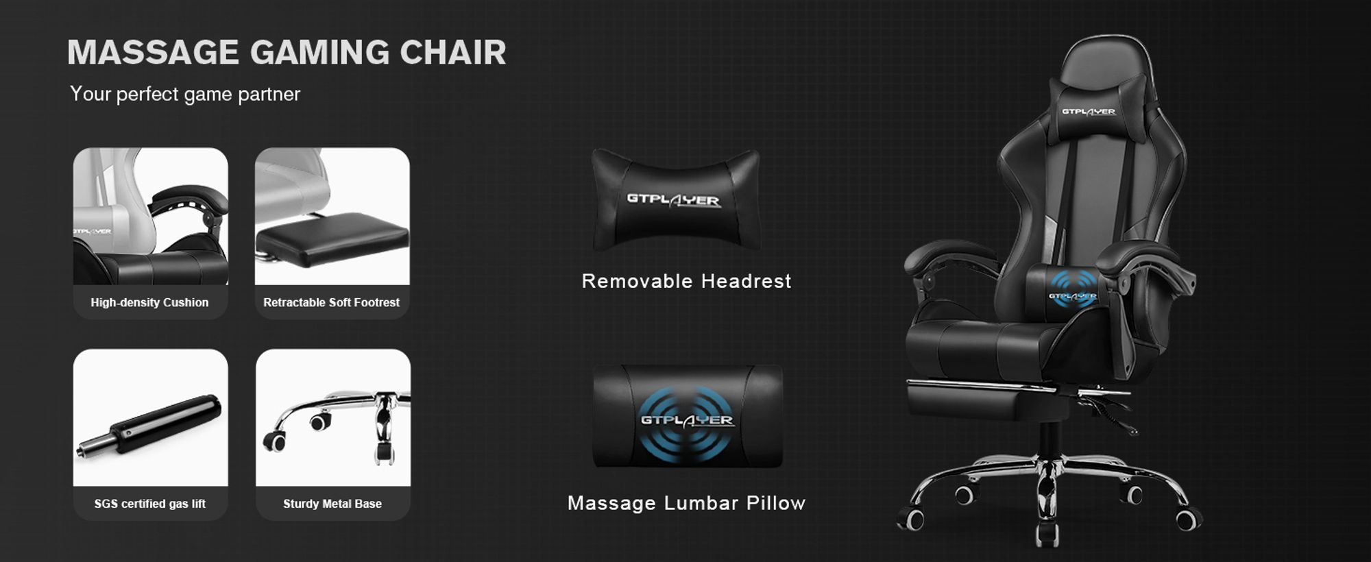 GTPLAYER Gaming-Stuhl Schreibtischstuhl, Ergonomischer Bürostuhl Mit Massagefunktion und Fußstütze, Gestänge Handlauf, Fußkreuz aus Stahl, Schwarz