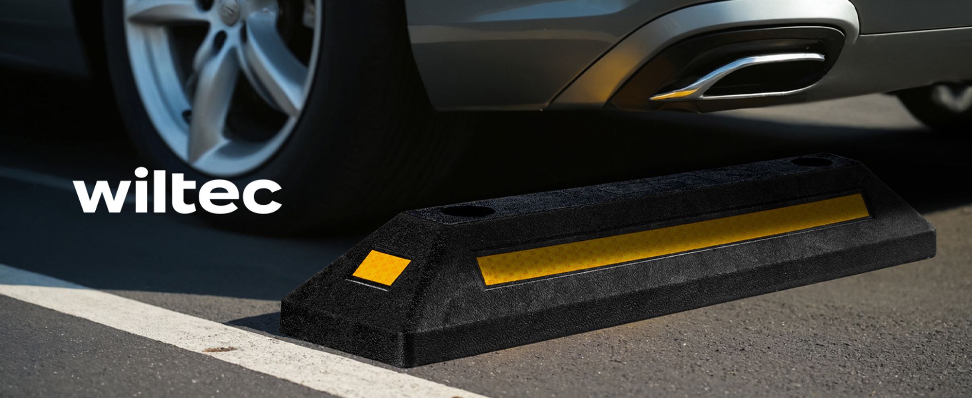 Wiltec Radstopper 56 x 15 x 10 cm, 2x Einparkhilfe aus Gummi, Parkplatzbegrenzung mit gelben Reflexionsstreifen & Schraubrillen, Parkplatzsperre für Garage