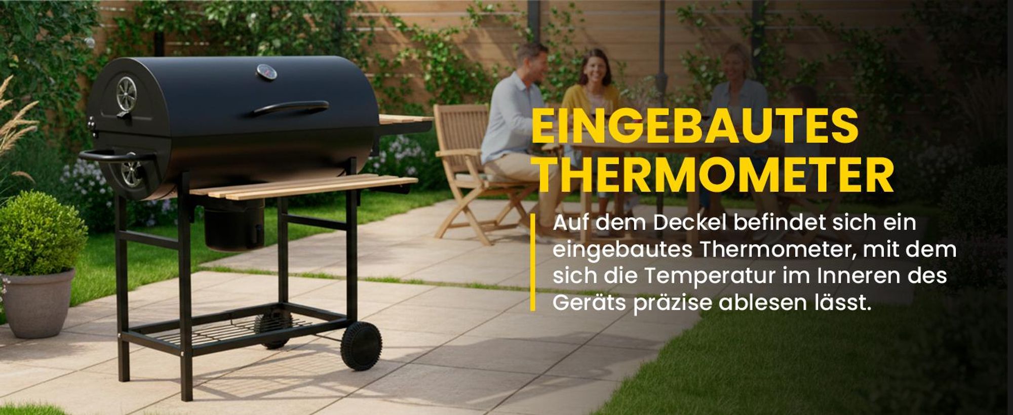 Holzkohlegrill Rundfass mit Deckel Rollen Grillwagen