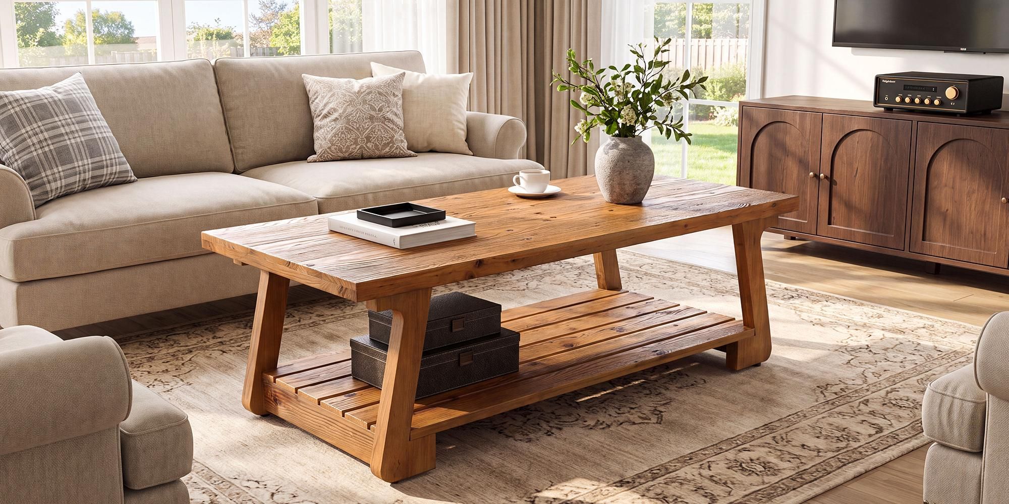 Couchtisch aus Massivholz, 140 cm breiter Beistelltisch mit 2 Ablageflächen für Wohnzimmer und kleine Räume, rustikales Braun