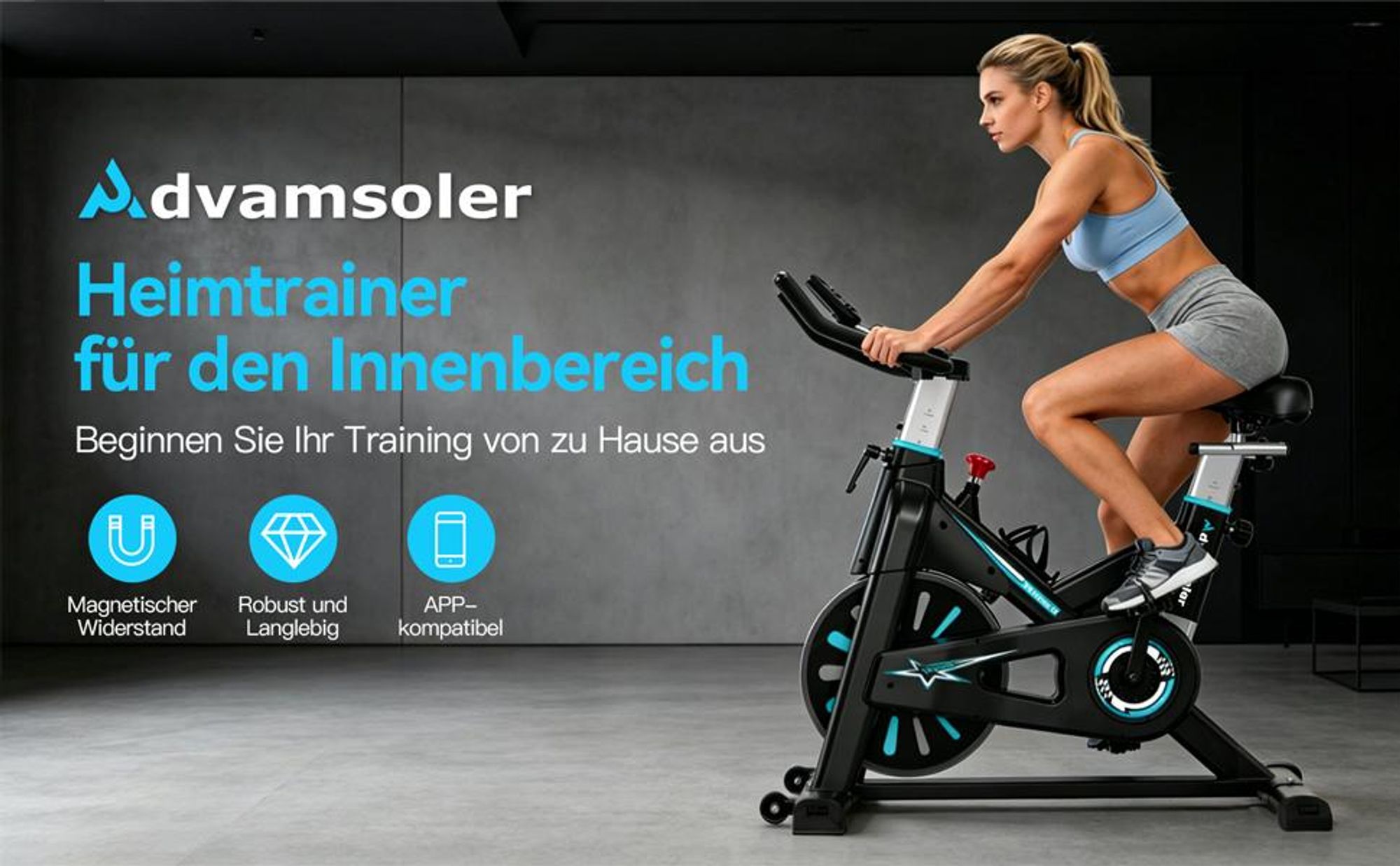 Advamsoler Heimtrainer Fahrrad mit mehrstufig einstellbarem Magnetwiderstand, LED-Display, kompatibel mit Zwift und Fitness-Apps, belastbar bis 160 kg