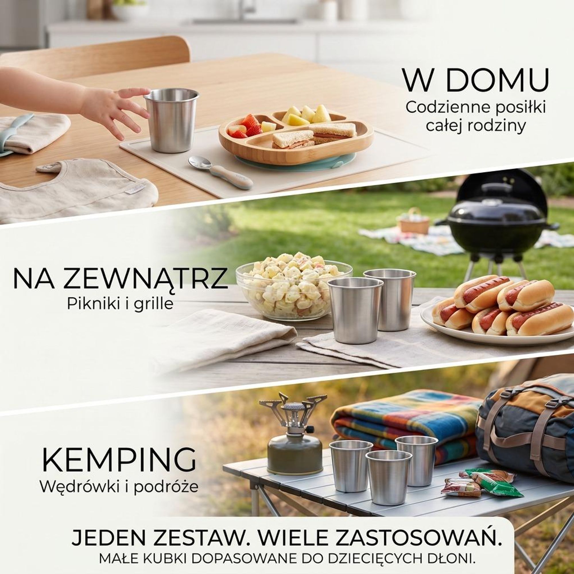 Kubki ze stali nierdzewnej przygotowane do użycia podczas pikniku.