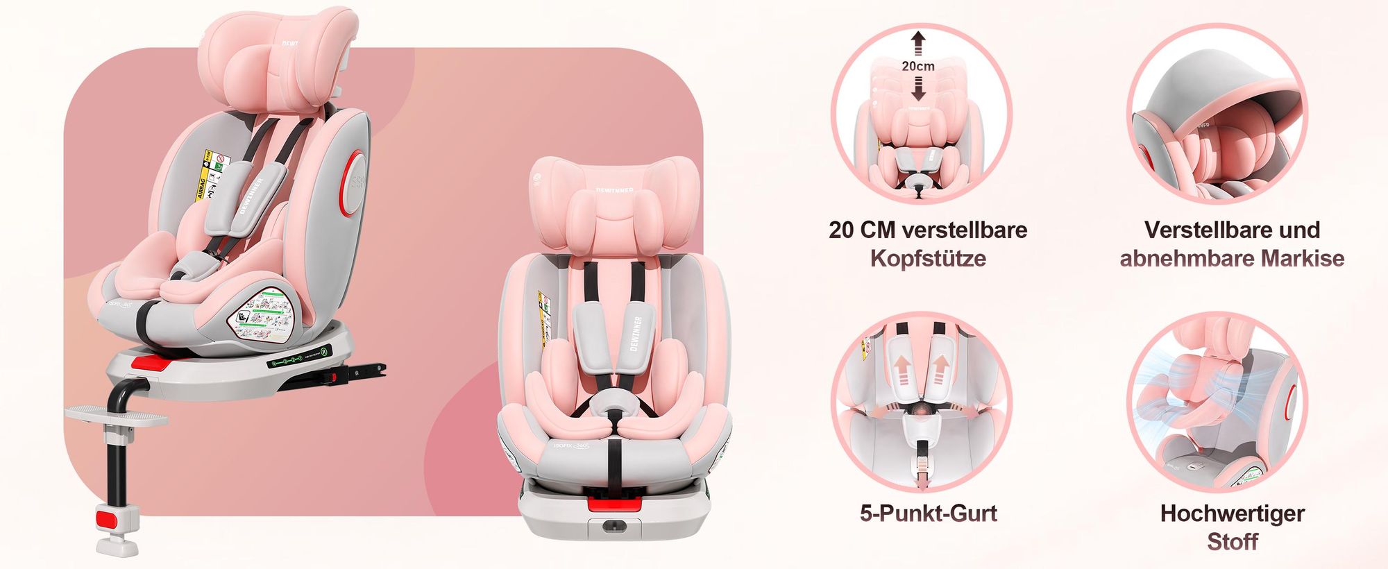 DEWINNER ISOFIX-Kindersitz 0 bis 36 kg – um 360° drehbarer Kindersitz, I-Size Gruppe 0+1/2/3 (40–150 cm), 5-Punkt-Gurt, Verschleißschutzpolster, Rosa