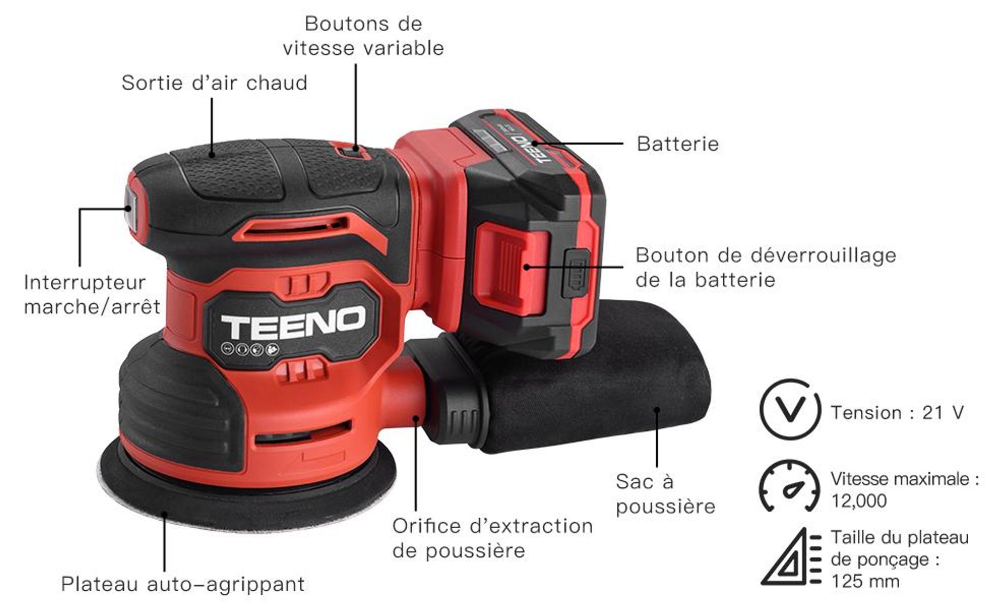 TEENO Ponceuse Orbitale 125 MM 20V, Ponceuse éLectrique sans fil, 13 000 Spm, Avec 25 Papiers De Verre, Collecteur De PoussièRe