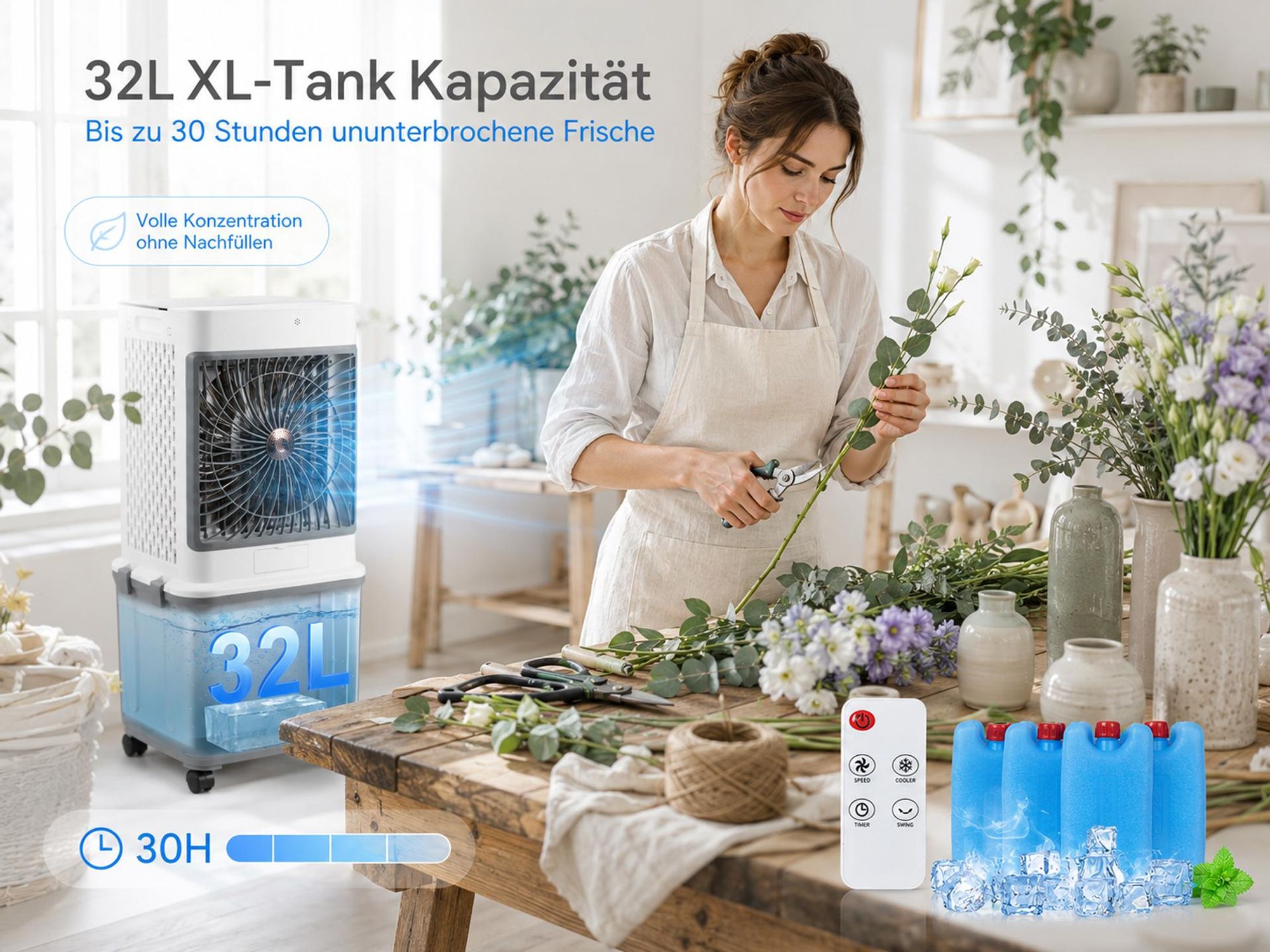 32L Klimagerät Mobil Ohne Abluftschlauch 70W Klimaanlage mit 4 Eisboxen 30H Laufzeit 30dB Leise Ventilator Mit Wasserkühlung Wohnung Zimmer Räume 85cm